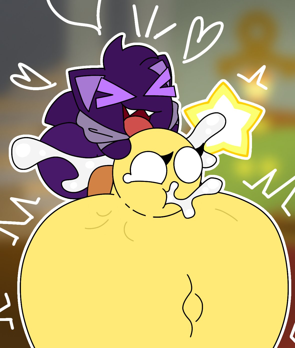 1boy, balls, cat ears, creature, cum in pussy, cumflated belly, cumflation, fan character, female, heart-shaped pupils, huge balls, huge cock, inflation, itisspermo, male, mario (series), mario and luigi (series), mario bros, monster cock, orb, original, original character, overflowing cum, penis, pussy, shocked expression, starlow, stomach bulge, waddling head
