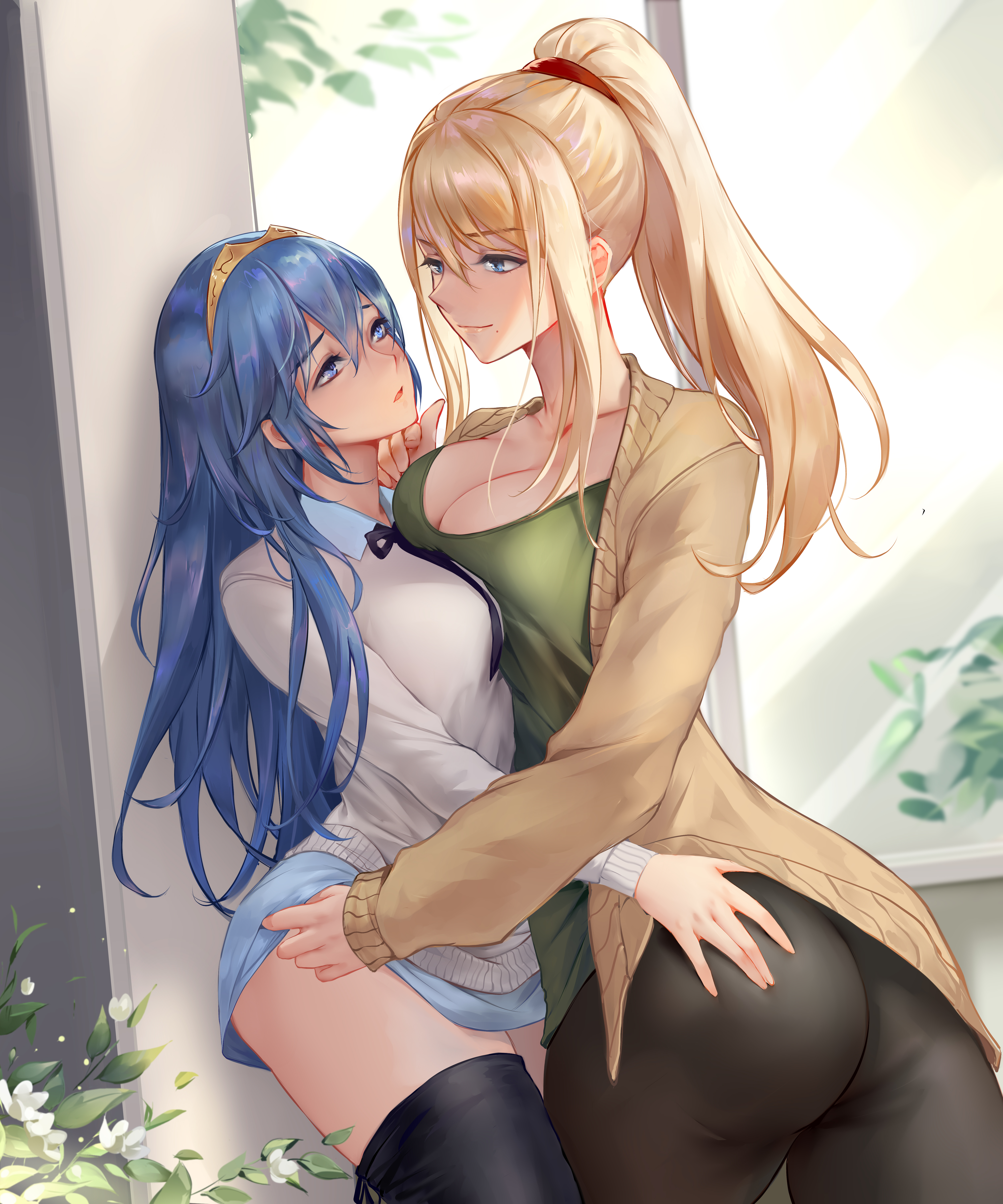 2girls, against wall, ass, ass grab, black thighhighs, blonde hair, blue eyes, blue hair, blush, chihunhentai, cleavage, collared shirt, fire emblem, fire emblem awakening, flower, green shirt, hair between eyes, hand on another's ass, hand on another's face, jacket, large breasts, long hair, looking at another, lucina (fire emblem), metroid, miniskirt, ponytail, pressing breasts together, samus aran, school uniform, schoolgirl, skirt, skirt lift, smile, super smash bros., sweater, thighhighs, thighs, tiara, tight clothing, tight pants, window, yuri