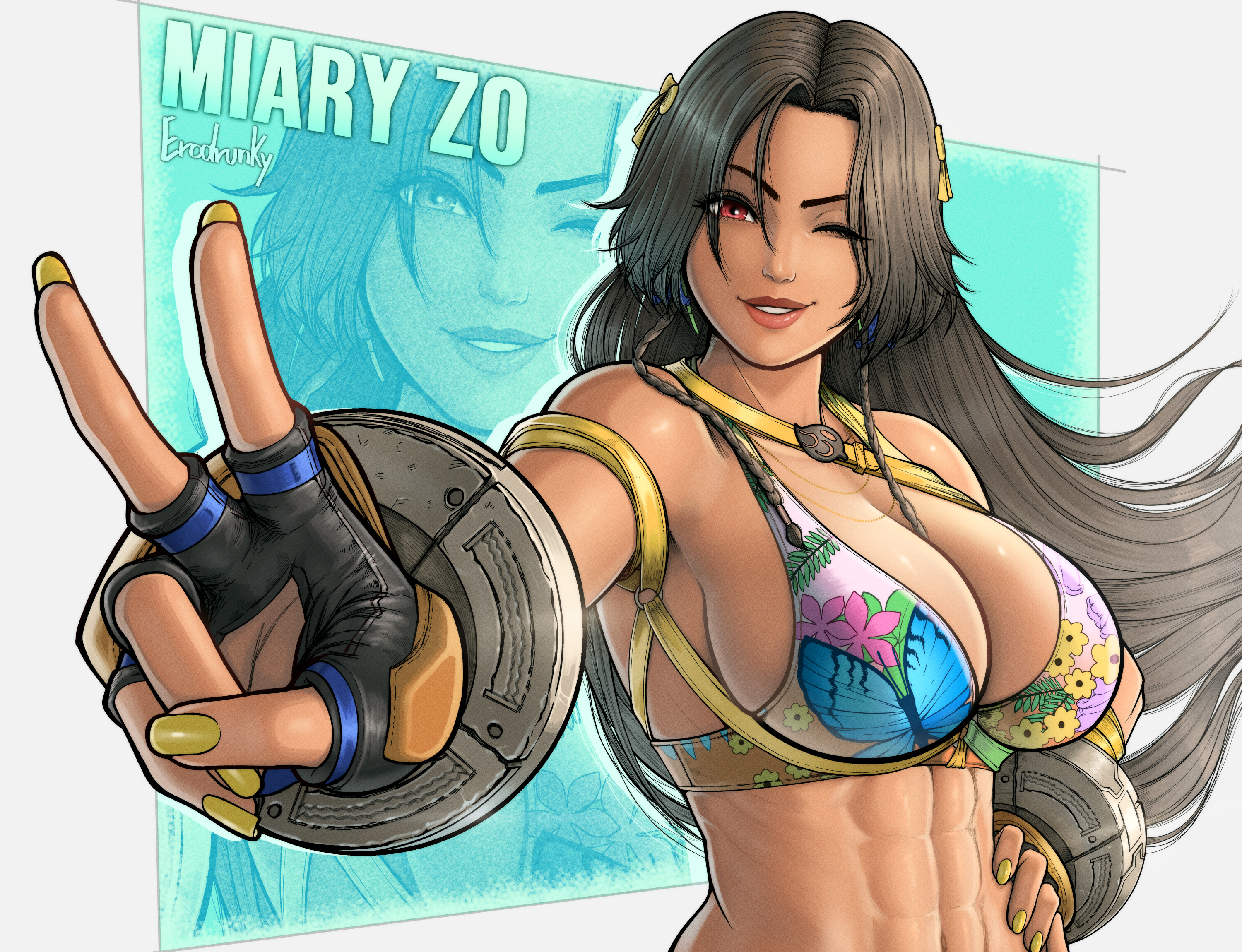 abs, african female, athletic female, bandai namco, beautiful, big breasts, bra, breasts, brown hair, cleavage, dark skin, dark-skinned female, erodrunky, female, female abs, fit, fit female, gorgeous, hot, long hair, miary zo, namco, namco bandai, peace gesture, peace sign, peace symbol, sexy, standing, standing up, tekken, tekken 8, toned, toned belly, toned body, toned female, toned stomach, twitter, v, v sign