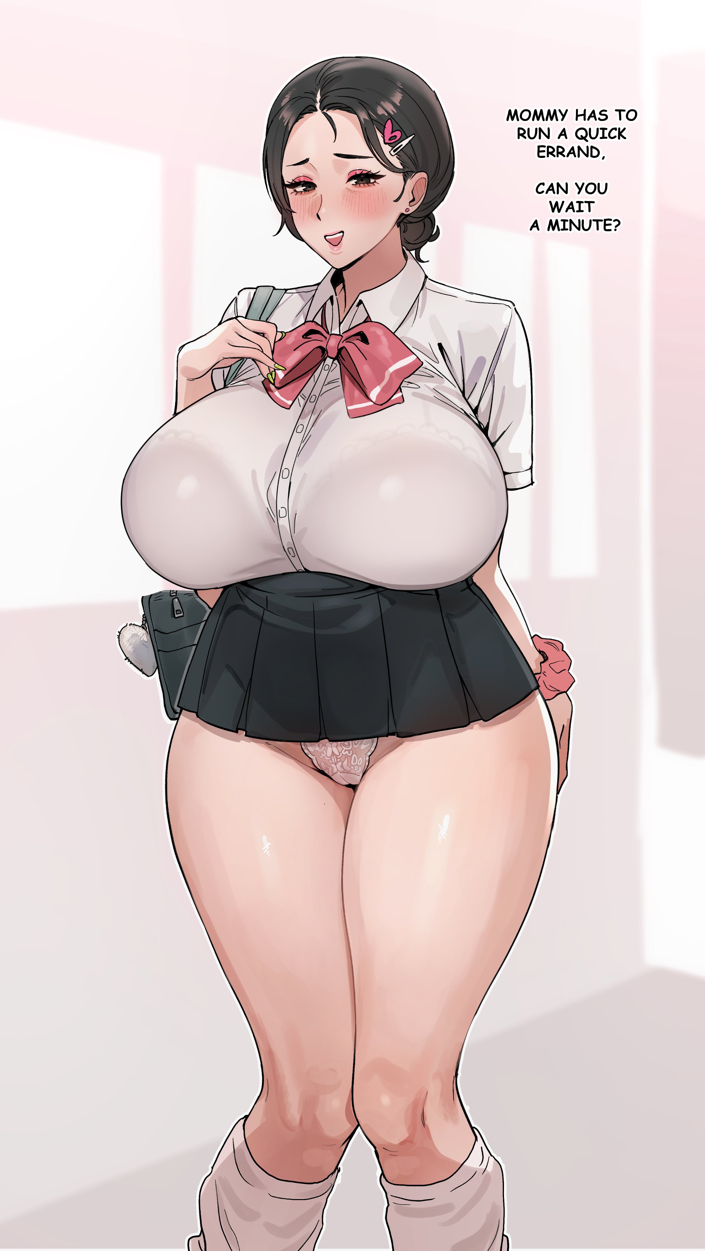 1girls, 2025, 2d, 5t (artist), alternate version available, blush, bra visible through clothes, breasts, brown eyes, brown hair, cameltoe, cheating, cheating mother, child bearing hips, clothed, clothed female, collared shirt, cuckold pov, curvaceous, curvy, curvy body, curvy female, curvy figure, english text, female, female only, hi res, high resolution, highres, huge breasts, indoors, light skin, light-skinned female, mature female, medium hair, microskirt, milf, miniskirt, mother, netorare, ntr, open mouth, original, original character, panties, pussy, revealing clothes, school uniform, schoolgirl, simple background, skirt, standing, text, thick thighs, thighs, voluptuous, voluptuous female, white panties, white shirt, wide hips