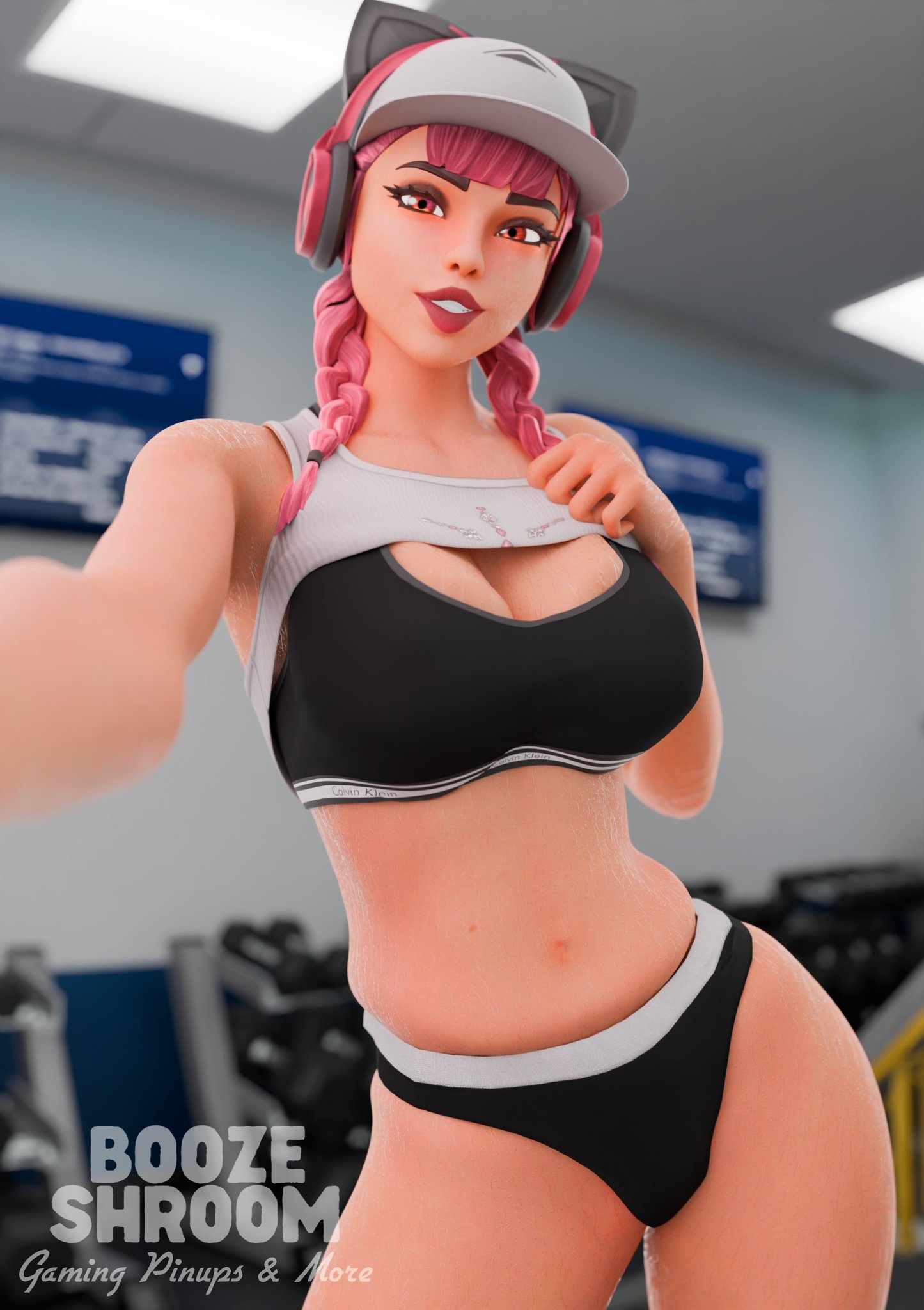3d, 3d (artwork), akari (fortnite), alternate version available, big breasts, boozeshroom, breasts, cat headphones, clothed, clothed female, clothing, female, fortnite, fully clothed, fully clothed female, hat, headphones, looking at viewer, pink eyes, pink hair, pink-haired female, ponytail, ponytails, selfie, shiny, shiny skin, smile, smiling, smiling at viewer, sports bra, sports panties, sweat, sweatdrop, sweating, sweaty, sweaty body, thight clothing, tight fit, watermark