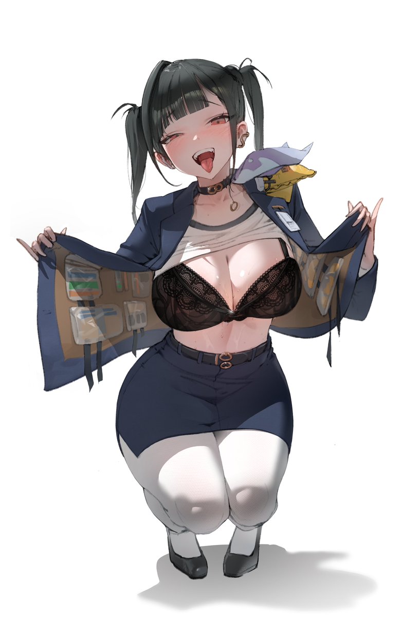 black choker, black hair, breasts, choker, curvy, female, female only, hakkun270, jacket, large breasts, looking at viewer, open clothes, open jacket, open mouth, opened by self, pantyhose, red eyes, shirt, smile, solo, sora (nikke), squatting, thick thighs, thighs, tongue, tongue out, twintails, white shirt