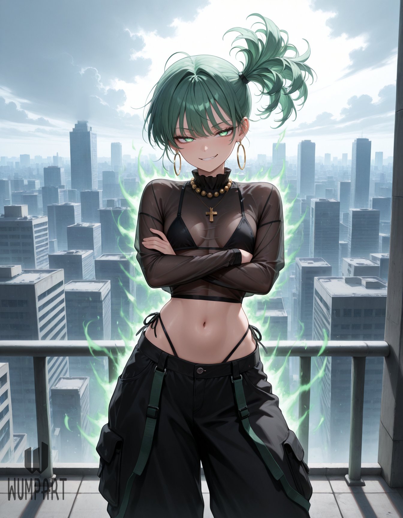 ai generated, alternate costume, artist name, aura, bikini, bikini under clothes, black bikini, black pants, breasts, building, city, cityscape, cowboy shot, crop top, crossed arms, day, earrings, female, green eyes, green hair, grin, highleg, highleg bikini, hoop earrings, jewelry, long sleeves, looking at viewer, medium breasts, midriff, navel, necklace, one-punch man, outdoors, pants, panty straps, railing, see-through, see-through shirt, shirt, side ponytail, side-tie bikini bottom, sky, smile, solo, standing, stomach, string bikini, swimsuit, tatsumaki, wumpart