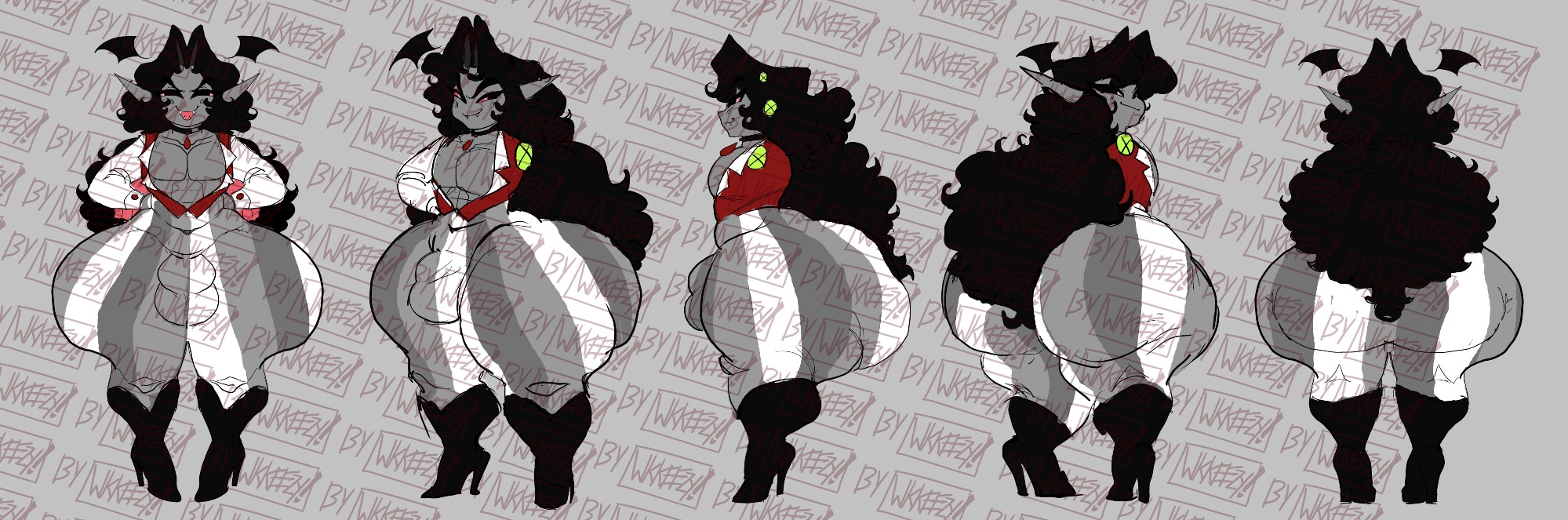 1boy, 2025, 2d, ass, bat wings, big ass, black and red, boots, bottom heavy, bottom heavy femboy, bottom heavy male, bulge, calcifer (woefullyennui), character sheet, closed eyes, clothed, clothed male, collar, color, commission, curly hair, curvy, eyelashes, fangs, fat ass, fat butt, femboy, femboy only, giant ass, gigantic ass, gloves, grey skin, high heel boots, high heels, hourglass figure, huge ass, huge thighs, male, male only, non-nude, oc, open chest, original, original character, pointy ears, rear view, red clothing, red eyes, smug, solo, teardrop, thick legs, thick thighs, vampire, vampire boy, voluptuous, voluptuous femboy, wide hips, wkkeezy (artist)