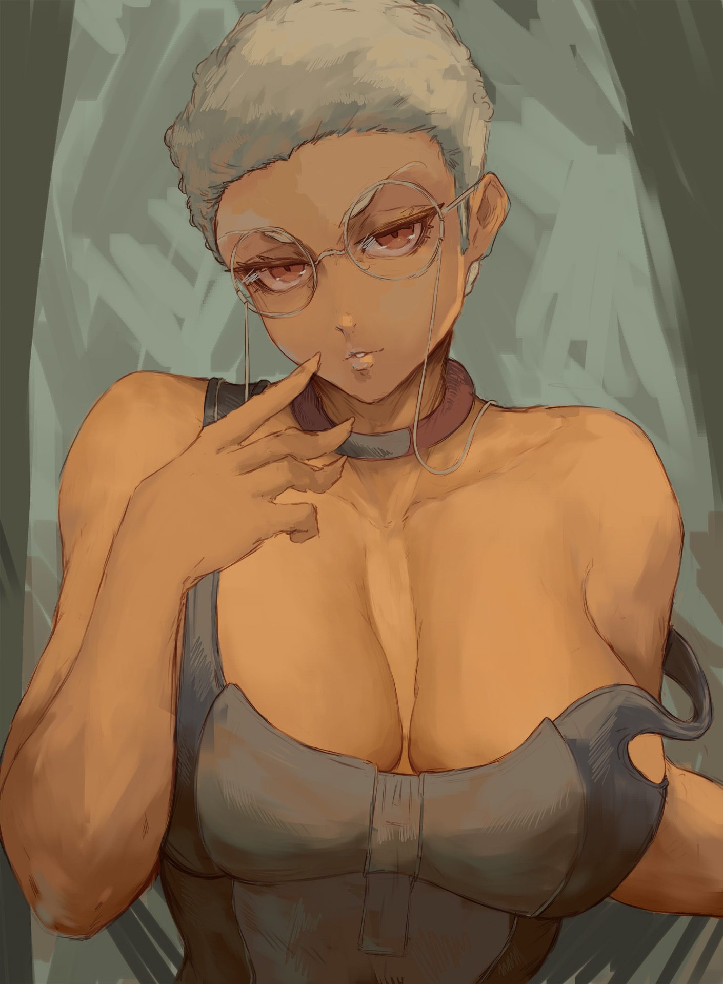 1girls, big breasts, breasts, busty, ceevapi, clothed, cutesexyrobutts (style), dark skin, dark-skinned female, female, gachiakuta, glasses, looking at viewer, semiu grier, solo, very short hair, white hair