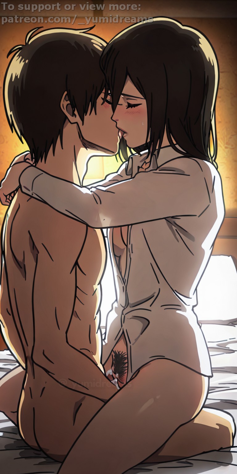  yumidreams, accurate art style, ai generated, attack on titan, bare legs, black hair, closed eyes, clothed, clothed female nude male, clothed sex, collared shirt, cowgirl position, cozy, cum, cum in pussy, cum inside, embracing, eren jaeger, female, french kiss, french kissing, hairy pubes, hairy pubic, hairy pussy, highres, kissing, kissing while penetrated, long sleeves, male, mikasa ackerman, nude male, open clothes, open shirt, partially clothed, partially naked, partially naked female, partially nude, partially nude female, penis, pubic hair, pubic tuft, pussy, romantic, romantic couple, shingeki no kyojin, sitting, sitting on another, sitting on bed, sitting on lap, sitting on penis, sitting on person, vaginal penetration