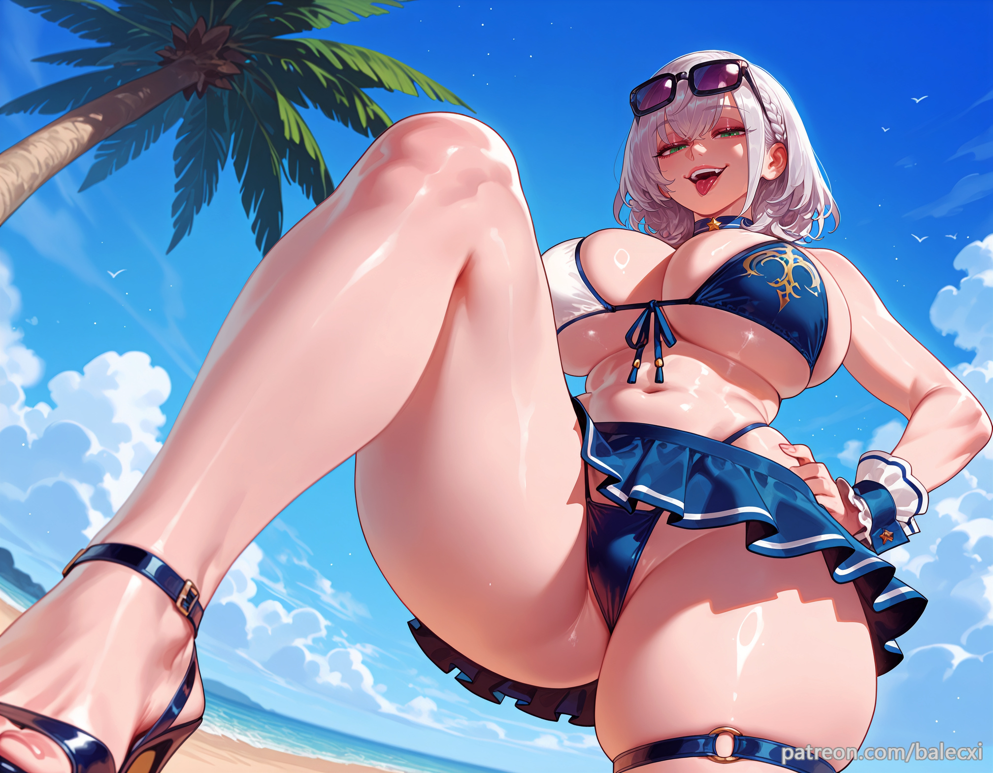 ai generated, balecxi, beach, bikini skirt, blue bikini, breasts, day, eyewear on head, feet, female, foot out of frame, front-tie bikini top, front-tie top, green eyes, grey hair, high heels, highleg, highleg bikini, hololive, hololive fantasy, hololive japan, huge breasts, legs, looking at viewer, navel, open mouth, outdoors, palm tree, patreon username, sandals, shirogane noel, short hair, skirt, sky, smile, solo, stomach, strappy heels, sunglasses, swimsuit, thigh strap, thighs, toenail polish, toenails, toes, tongue, virtual youtuber