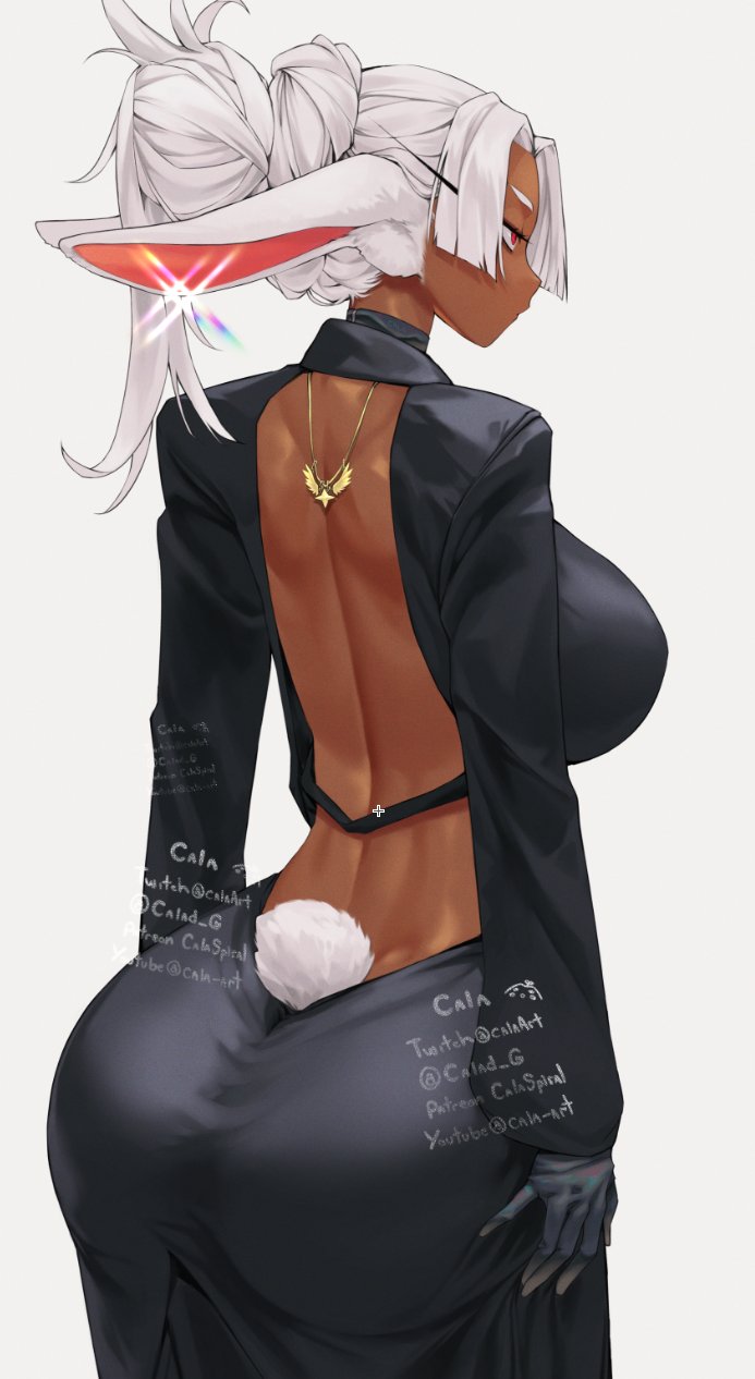 alternate costume, alternate hairstyle, animal ears, artist name, ass, backless dress, backless outfit, black dress, black gloves, breasts, calad g, clothing cutout, commentary, dark skin, dark-skinned female, dress, english commentary, female, female only, from behind, gabriel carrasquillo, gloves, hair bun, hair up, hands on own hips, highres, jewelry, large breasts, long eyelashes, long hair, looking to the side, median furrow, mirko, miruko, my hero academia, necklace, parted bangs, patreon username, pendant, ponytail, rabbit ears, rabbit girl, rabbit tail, red eyes, rumi usagiyama, simple background, solo, sparkle, tail, tail through clothes, toned, toned female, twitch username, twitter username, white background, white hair, youtube username