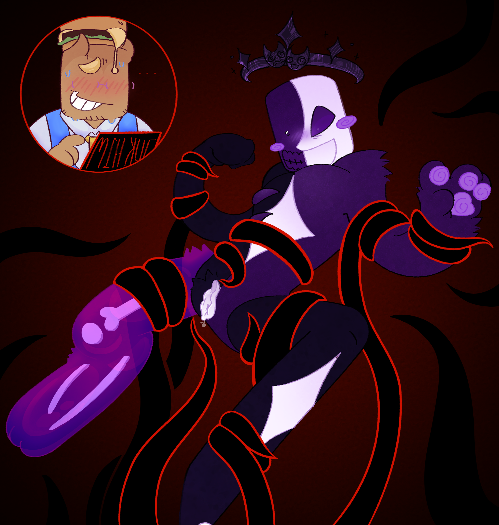 007n7 (forsaken), 2boys, blush, burningb, cuntboy, forsaken (roblox), intersex, male, noli (forsaken), plain background, purple skin, pussy, restrained, roblox, roblox game, robloxian, self upload, surprised expression, tagme, tentacle, wet pussy