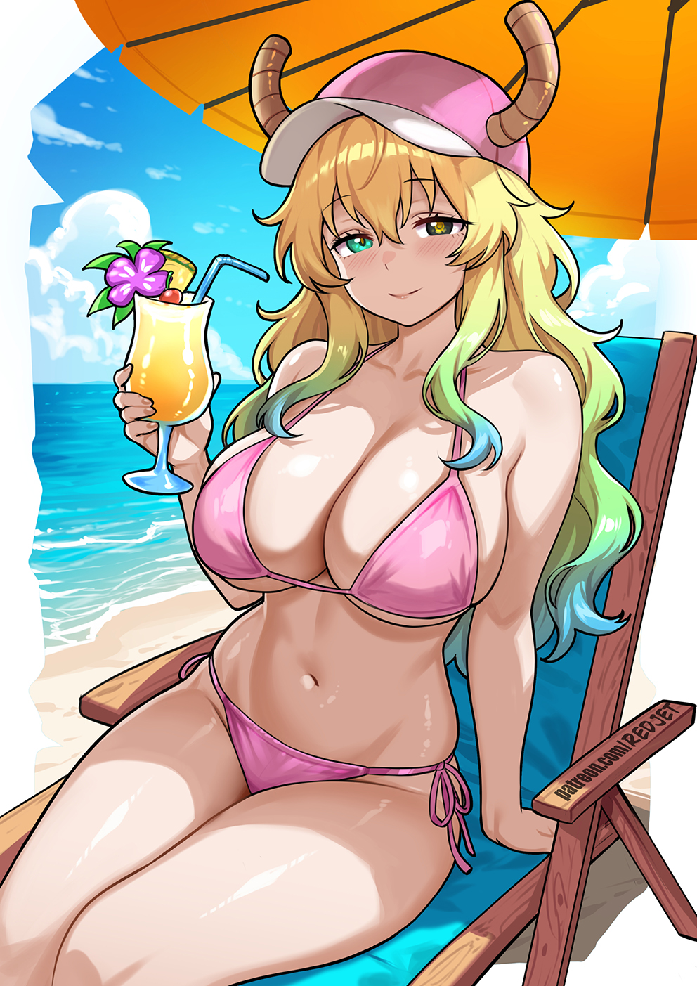 1girls, baseball cap, beach, big breasts, bikini, bikini bottom, bikini top, black eyes, blonde hair, bottomwear, breasts, chair, cleavage, drink, female, female only, green eyes, hair, hat, headwear, heterochromia, holding drink, holding object, horns, huge breasts, long hair, mature, mature female, mature woman, miss kobayashi's dragon maid, pink bikini, quetzalcoatl (dragon maid), redjet, solo, solo female, swimwear, thighs, topwear, two-tone hair