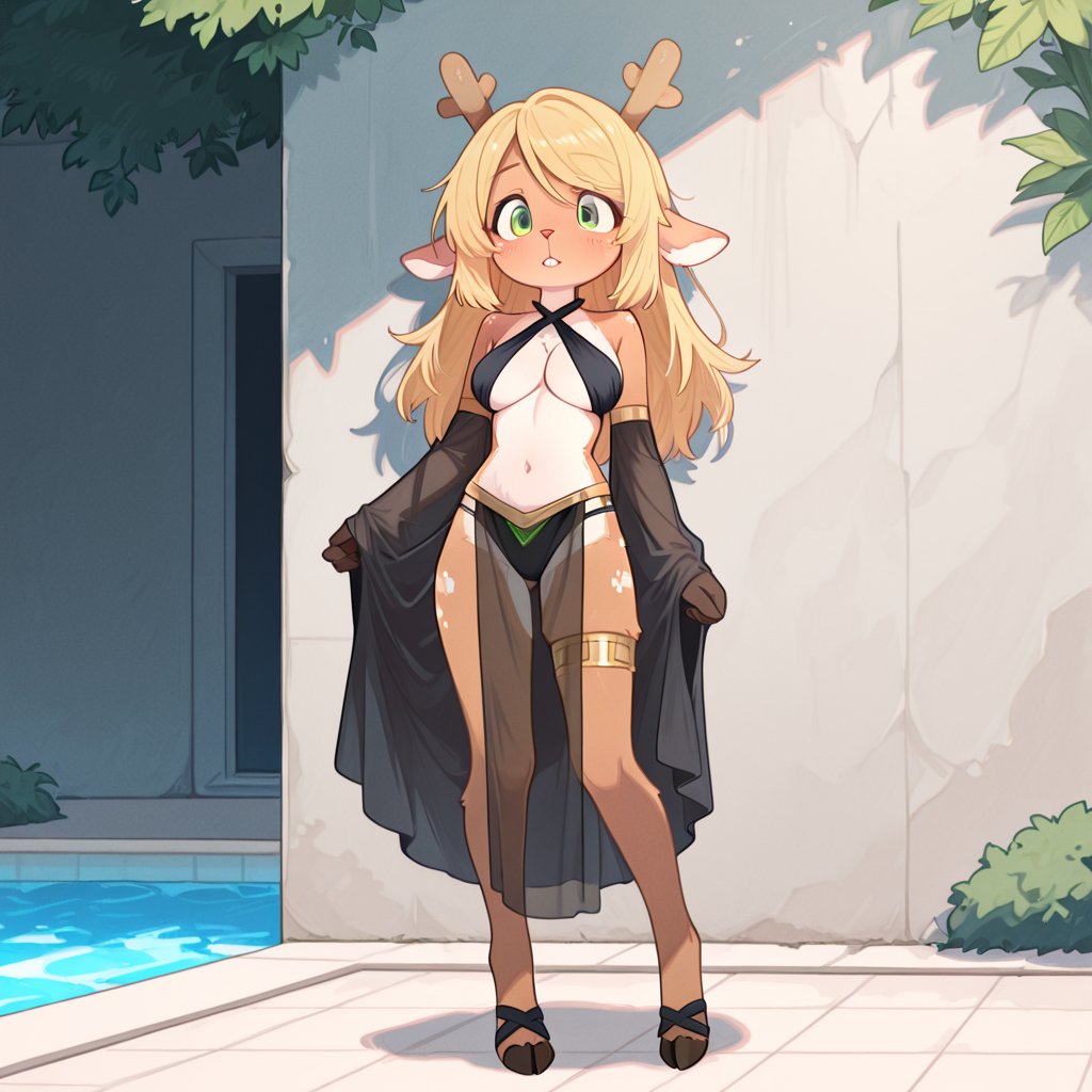 2d, ai generated, anthro, antlers, bikini, breasts, buckteeth, dancer outfit, day, deer, deer girl, deltarune, female, furry, green eyes, halterneck, hooves, innerboob, medium breasts, noelle holiday, outdoors, outside, pixelpawai, poolside, see-through clothing, skirt, thighlet