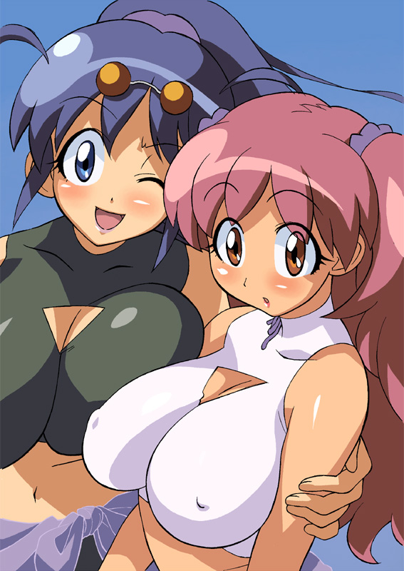 2girls :o age_difference aki_hinata antenna_hair bare_shoulders bb blue_eyes blue_hair blush breast_press breasts cirima cleavage cleavage_cutout crop_top erect_nipples female female_only huge_breasts keroro_gunsou large_breasts lipstick long_hair makeup midriff mother_and_daughter multiple_girls natsumi_hinata navel open_mouth orange_eyes pink_hair ponytail sleeveless sleeveless_shirt sunglasses sunglasses_on_head sweater_around_waist tied_hair turtleneck twintails volvox wink