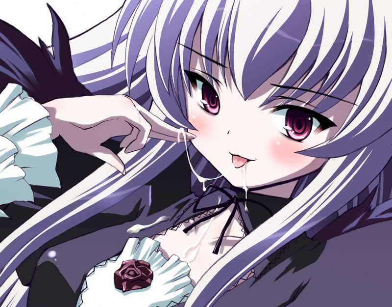 blush cum cum_string pale_skin pink_eyes rozen_maiden shinshin silver_hair smile solo suigintou tongue tongue_out