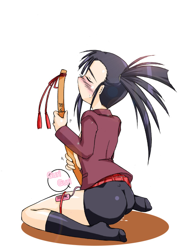 ass bike_shorts blush clothed_masturbation clothing crotch_rub footwear kamiya_ogawa katana mahou_sensei_negima mahou_sensei_negima! masturbating_with_weapon masturbation ponytail pussy_juice sakurazaki_setsuna shorts side_ponytail skin_tight socks solo sword tied_hair vibrator weapon