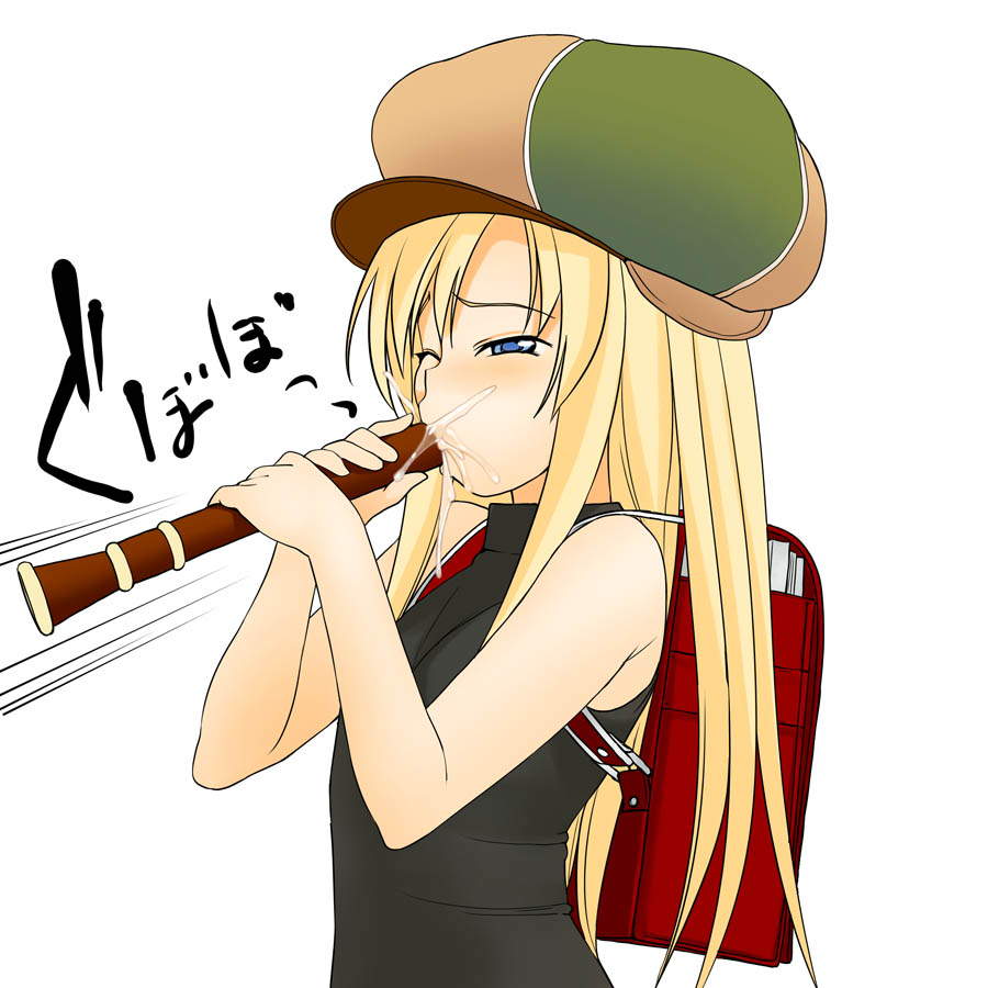 a1 backpack bag blonde_hair blue_eyess bust cabbie_hat clothing hat innuendo instrument kaleido_star layla_hamilton musical_instrument randoseru recorder_(musical_instrument) sexually_suggestive solo wink woodwind_instrument