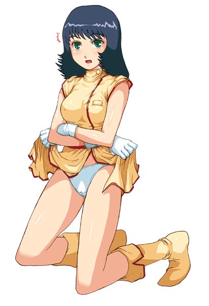 1girls artist_request black_hair breasts fa_yuiry female fully_clothed gloves gundam human kneeling lifted_by_self light-skinned_female light_skin panties short_hair skirt skirt_lift solo underwear uniform white_panties zeta_gundam