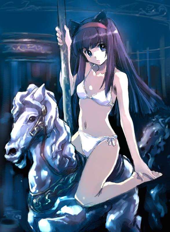 1girls animal_ears barefoot bikini blue_eyes carousel cat_ears female hands_on_feet hazuki_(tsukuyomi) horse lingerie long_hair looking_at_viewer matsumoto_noriyuki purple_hair side-tie_bikini solo swimsuit tsukuyomi_moonphase underwear