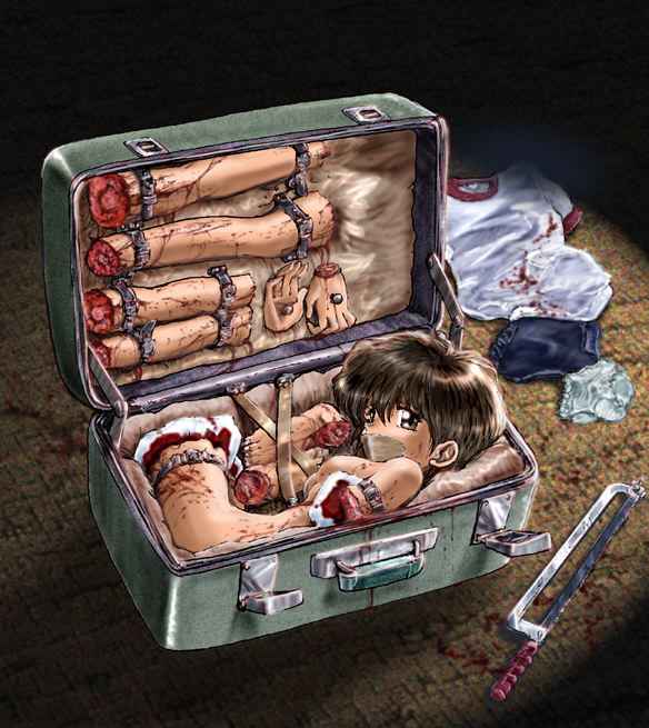 1girls amputee blood bloomers brown_eyes brown_hair clothes_on_floor girl_in_a_box gore guro gym_uniform panties quadruple_amputee saw suitcase waio