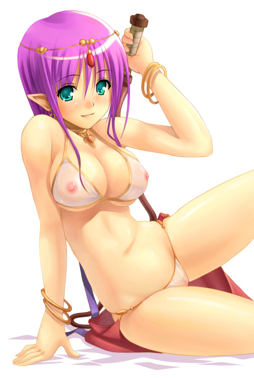 1girls akamaru arabian_clothes beige_skin belly_dancer belly_dancer_outfit bikini bindi bracelet breasts cleavage closed_mouth clothes color dancer dancer_(ragnarok_online) dancer_outfit ear_piercing elf female female_only front_view harem_outfit holding jewelry looking_at_viewer lowleg lowleg_bikini midriff nipples nipples_visible_through_clothing open_eyes overhand_grip piercing pointy_ears purple_hair pussy_visible_through_clothes ragnarok_online see-through sitting solo string_bikini swimsuit teal_eyes weapon whip white_background