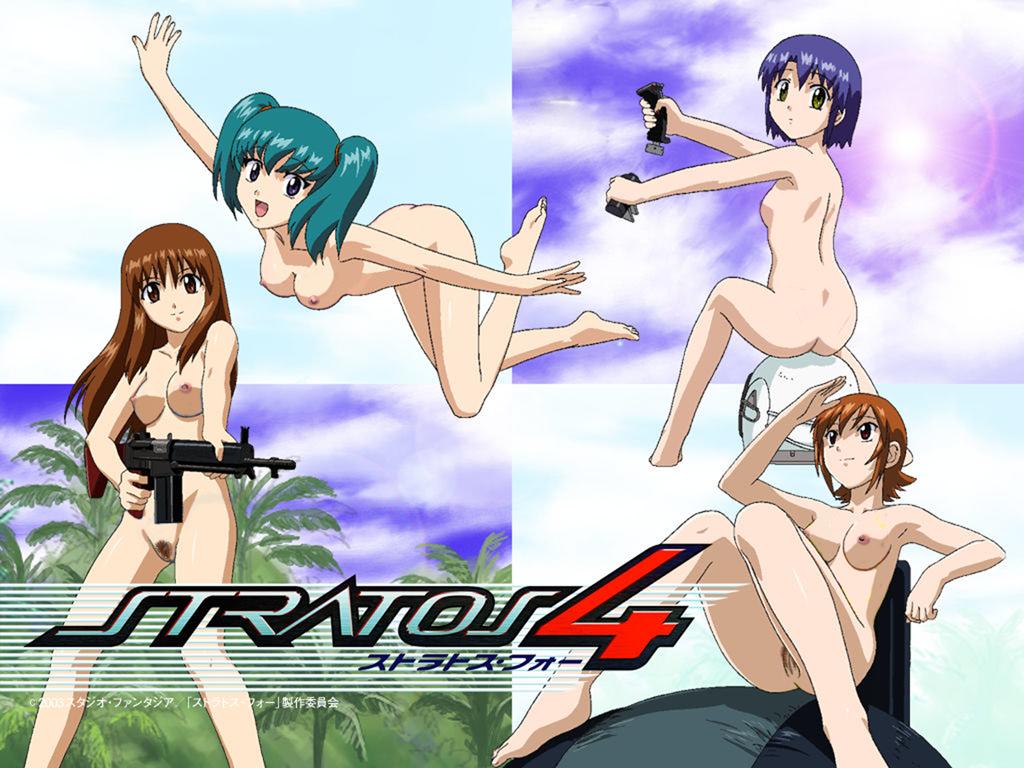 4girls brown_hair doi_shizuha female female_only female_pubic_hair gun holding_weapon honjo_mikaze kikuhara_karin light_skin long_hair multiple_girls nakamura_ayamo only_female pigtails pubic_hair short_hair stratos_4 tagme teal_hair tied_hair weapon