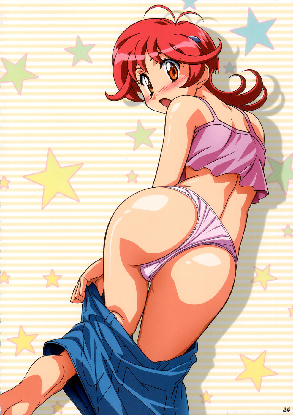 aoi_anna ass back barefoot blush camisole from_behind highres hirata_katsuzou leaning_forward looking_back orange_eyes panties purple_panties red_hair shinkon_gattai_godannar!! skirt solo star thong underwear undressing