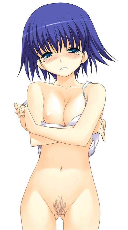 a1 areola areolae blue_eyes blue_hair blush bottomless bra breasts crying female medium_breasts mismatched_pubic_hair no_pussy nude pubic_hair simple_background solo tear to_heart_(series) to_heart_2 tonami_yuma undressing white_background