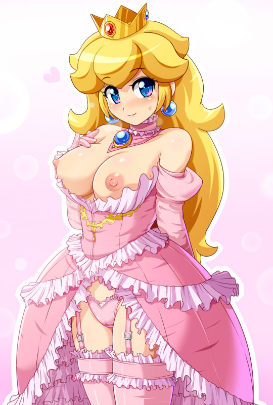 1girls areolae arm_behind_back bare_shoulders blonde_hair blue_eyes blush breasts breasts_out crown dress earrings elbow_gloves female female_only garter_straps gloves heart heart-shaped_pupils jewelry konpeto large_breasts long_hair looking_at_viewer mario_(series) nintendo nipples panties pink_dress pink_legwear pink_panties princess_peach showgirl_skirt smile solo standing symbol-shaped_pupils thighhighs underwear