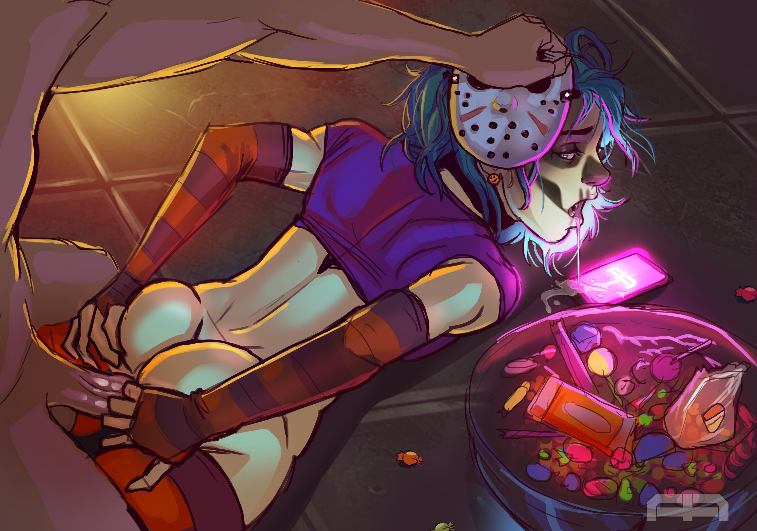 1boy, 1girls, alternate hair color, andava, andavaverse, arm warmers, ass, ass grab, blue eyes, blue hair, candy, drooling, emo, female, from behind position, goth, halloween, hockey mask, makeup, male, mask, on floor, pelo, prone bone, pussy, saliva, saliva drip, sex, smartphone, spread ass, tight pussy, unseen male face, vaginal penetration