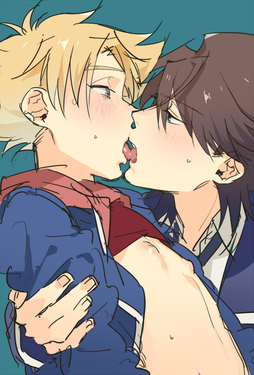 2boys blonde_hair blush brown_hair cardfight!!_vanguard kai_toshiki kissing kusopiza_yaro male_only miwa_taishi multiple_boys nipples tagme tongue undressing yaoi