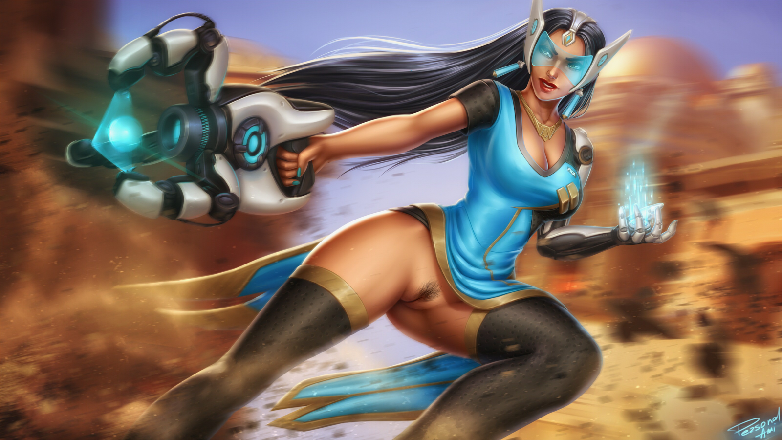 1girls, 2016, 2d, accidental exposure, big breasts, black hair, blizzard entertainment, blue-tinted eyewear, bottomless loincloth, breasts, cleavage, dark skin, dark-skinned female, dress, exposed, exposed pussy, female, female only, human, indian, loincloth, loincloth lift, long hair, no panties, overwatch, overwatch 2, personalami, pubic hair, pussy, solo, symmetra, symmetra (overwatch 2 suit), text, thighhighs, tinted eyewear, uncensored, video games, visor, wardrobe malfunction, weapon, wide hips