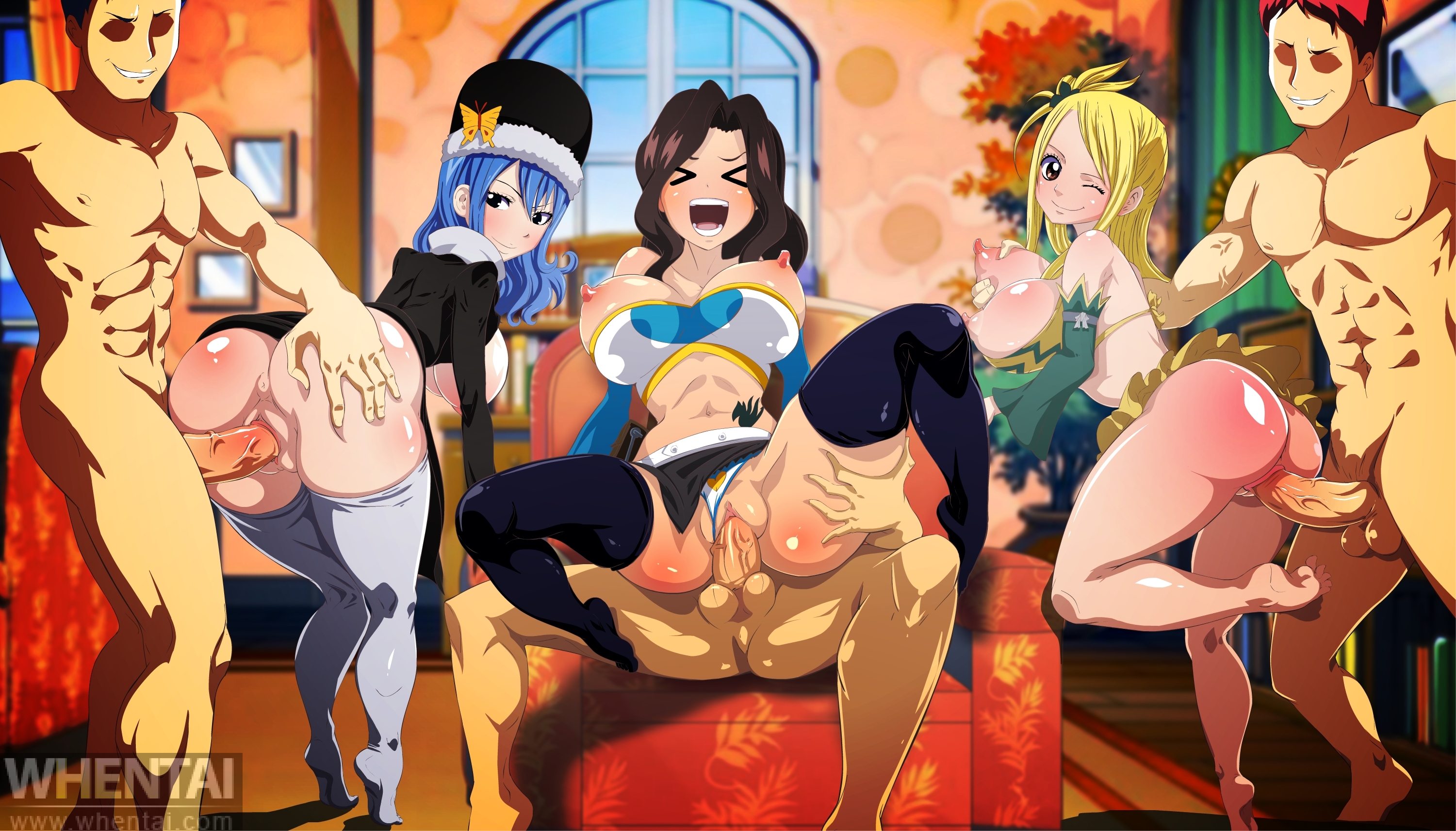 3boys, 3girls, ahe gao, big breasts, black tattoo, blonde hair, blonde-haired female, blue hair, blue-haired female, breasts, brown hair, brown-haired female, cana alberona, cloth sharing, clothed, clothing swap, costume switch, cowgirl position, fairy tail, fairy tail mark, female, from behind, group sex, hair, hat, headgear, interchange clothes, juvia lockser, lucy heartfilia, lucy heartfilia (cosplay), male, multiple females, multiple girls, nude, orgy, penetration, pussy, sex, tattoo, tattoo on belly, tattooed belly, thighhighs, vaginal penetration, whentai