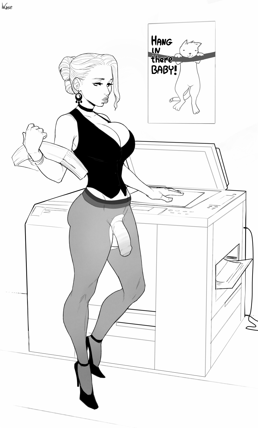 1futa, choker, cleavage, dickgirl, earrings, flaccid, foreskin, futa only, futanari, high heels, hourglass figure, incase, intersex, monochrome, pantyhose, penis, solo, standing, stiletto heels, uncircumcised, very high heels