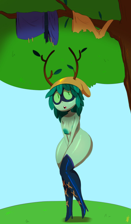 1girls accidental_exposure adventure_time antlers ass blush boots breasts cartoon_network clothes_stuck_on_object covering_pussy cute embarrassed embarrassed_nude_female enf female green_eyes green_nipples green_sclera green_skin high_heels hood horn huntress_wizard laces leaf_hair leafs looking_at_viewer lost_clothes naked naked_footwear naked_hat nipples nude shiny_skin solo thehumancopier thighhighs torn_clothes tree tunic