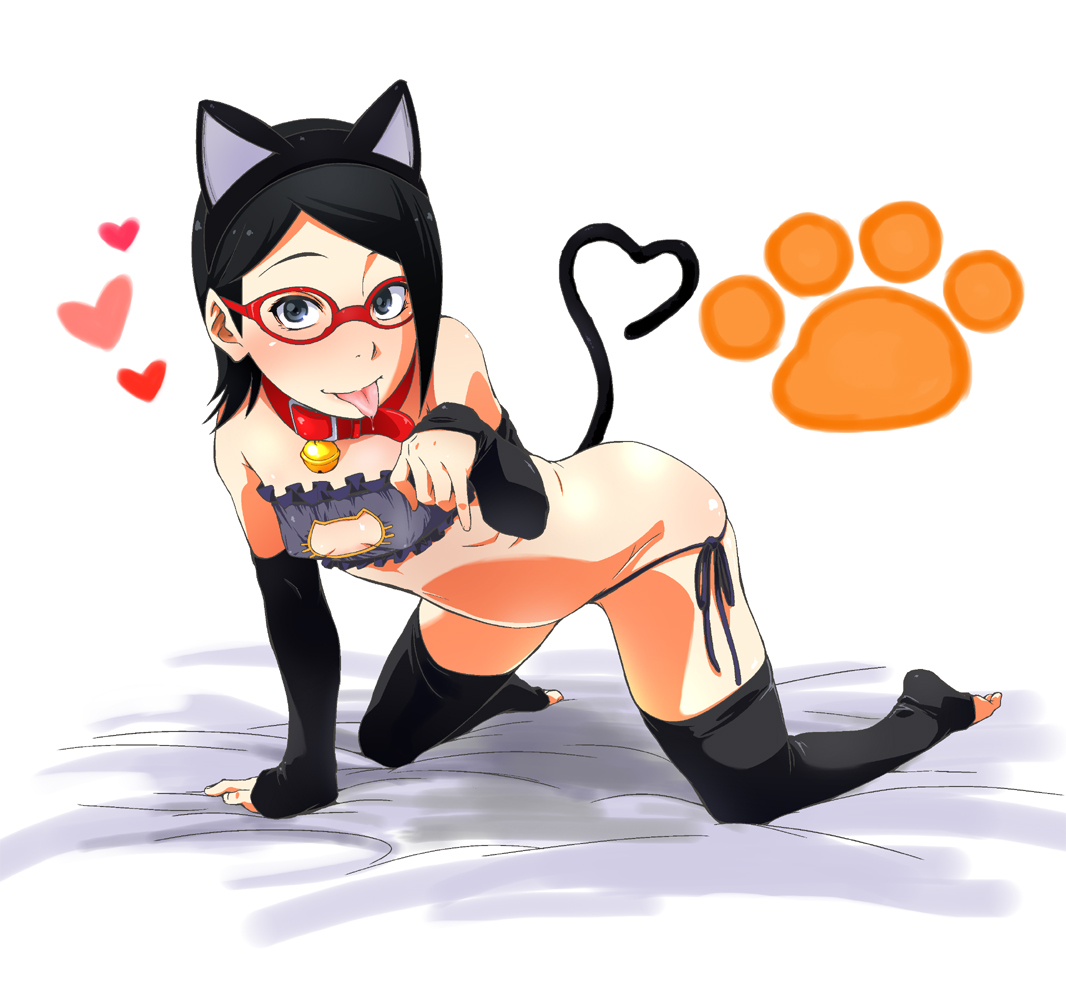 bell, bell collar, black eyes, black hair, boruto: naruto next generations, breasts, cat ear panties, cat ears, cat girl, cat keyhole bra, cat lingerie, catgirl, collar, female, female only, glasses, kneeling, naruto, naruto (series), sarada uchiha, small breasts, sunahara wataru, tail