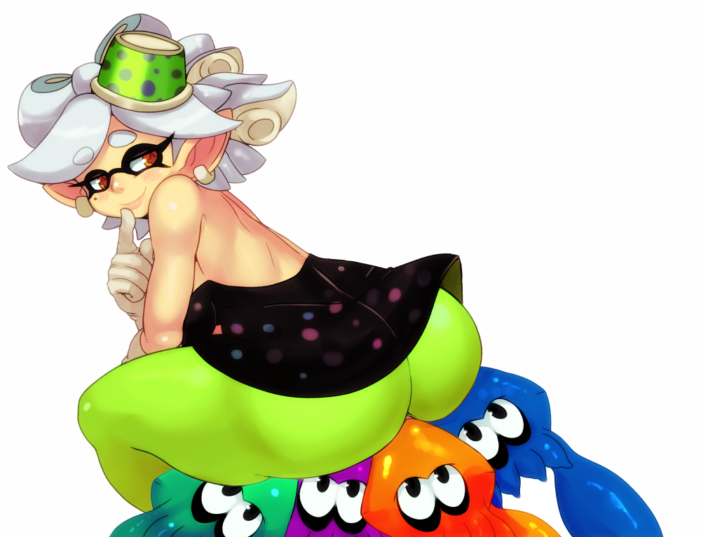 anthro ass cephalopod cephalopod_humanoid female humanoid inkling inkling_squid looking_back marie_(splatoon) mask_(marking) matospectoru nintendo pointy_ears splatoon squatting squid squid_sisters tentacle tentacle_hair tights