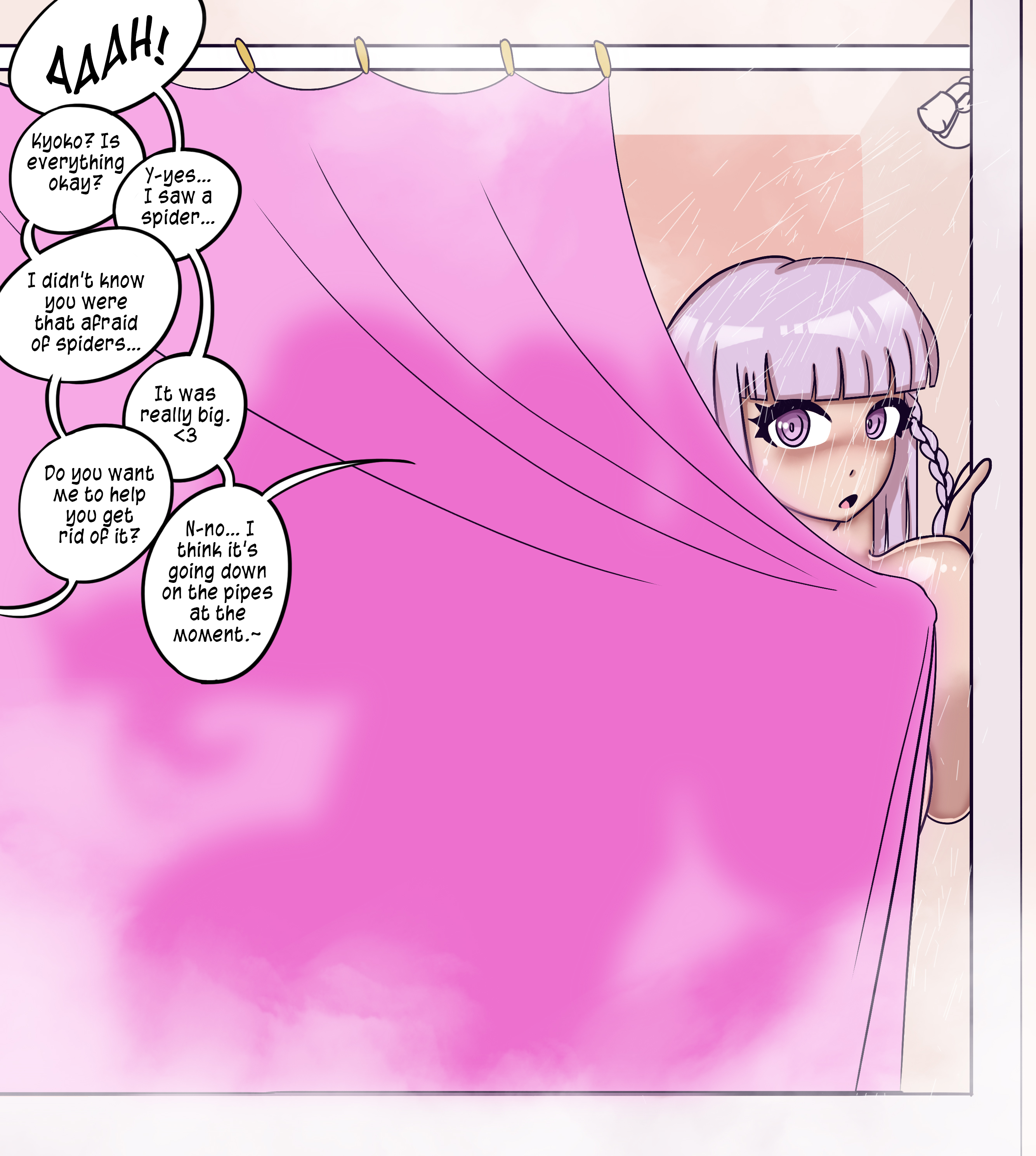 1futa, 1girls, anal, anilingus, bangs, bathroom, behind curtain, bent over, big breasts, breasts, caught in the act, cheating, cheating girlfriend, commissioner upload, cucked by futa, cuckold, curtains, danganronpa, danganronpa: trigger happy havoc, dialogue, duo, english, english text, female, female focus, futa on female, futanari, huge breasts, human, implied futa, implied oral, intersex, izzybsides, junko enoshima, kirigiri kyouko, lavender hair, light skin, light-skinned female, light-skinned futa, long hair, naegi makoto, netorare, ntr, nude, nude female, nude futa, offscreen character, purple eyes, purple hair, shower, showering, silhouette, solo focus, speech bubble, stealth sex, steam, talking to viewer, text, venus body