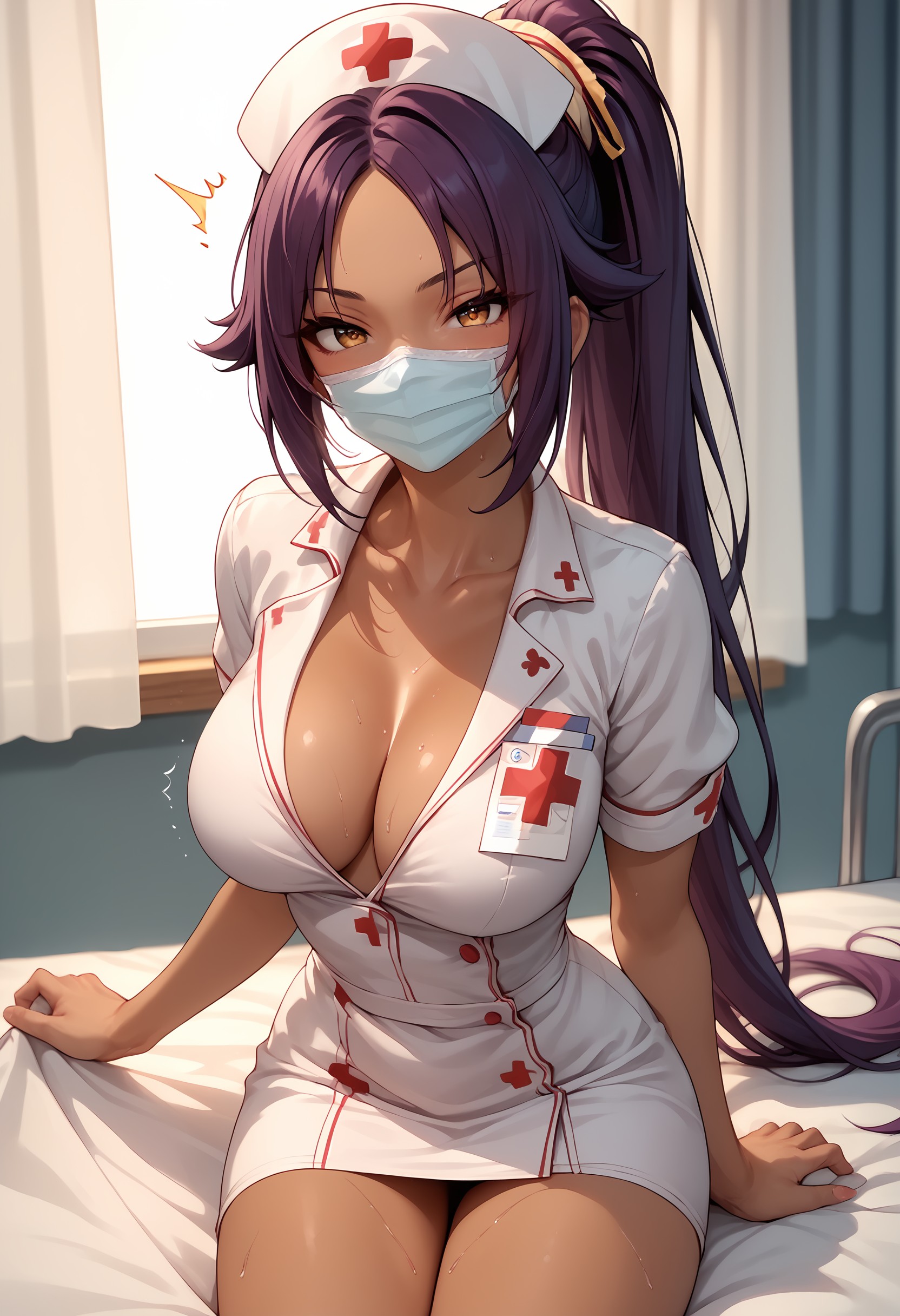 ai generated, bleach, breasts, cleavage, dark skin, dark-skinned female, female, nurse, nurse cap, nurse clothing, nurse uniform, ponytail, purple hair, shihouin yoruichi, sitting on bed