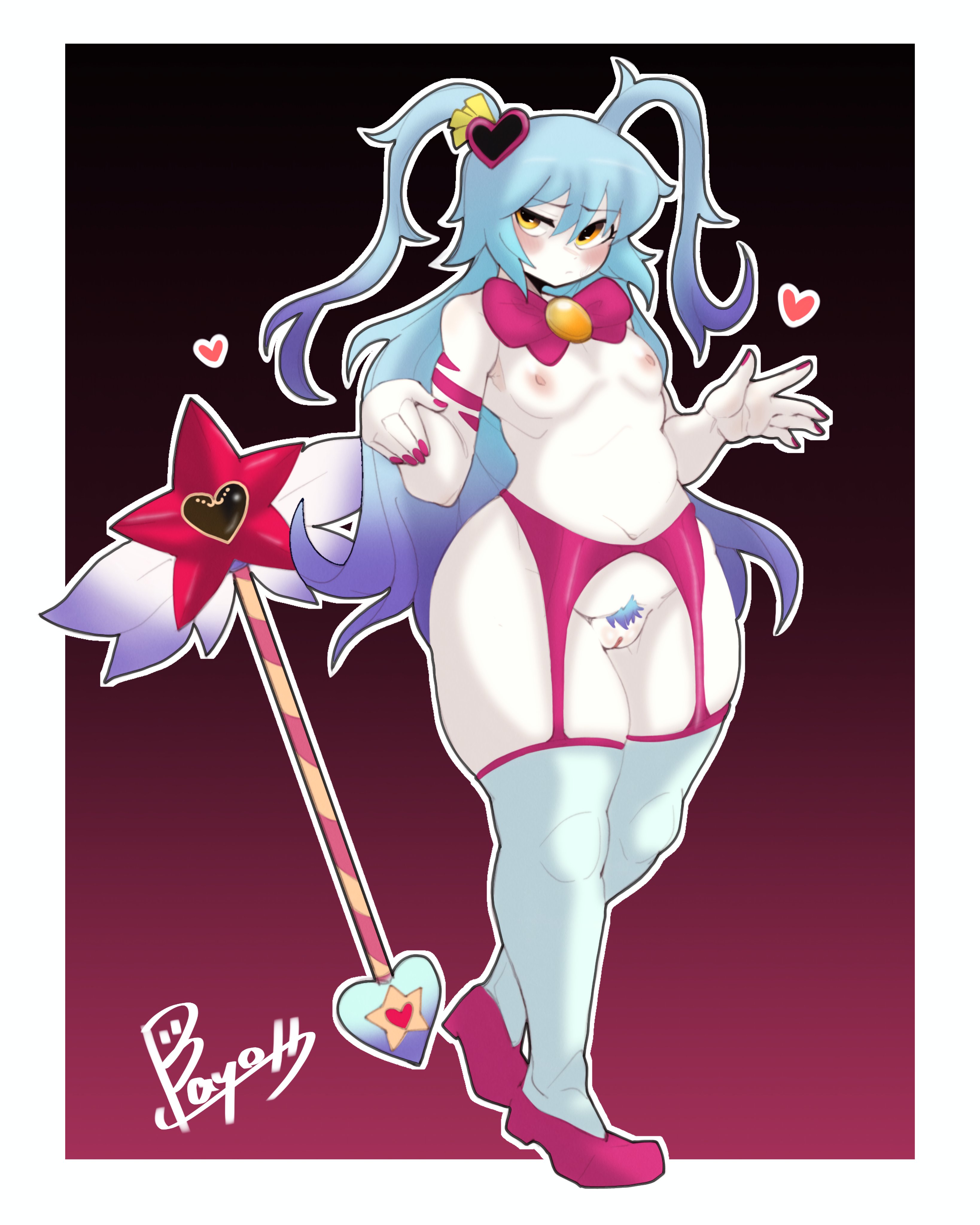 1girls, 2026, abnormality (project moon), artist signature, blue hair, blush, bowtie, doctor5648, dot nose, female, female pubic hair, flat chest, footwear only, furrowed brow, garter belt, gradient background, gradient hair, hair ornament, half-closed eyes, heart hair ornament, heart symbol, lobotomy corporation, looking at viewer, magical girl, naked footwear, navel, necktie, nipples, nude, one eye half-closed, open eyes, pear-shaped figure, pink bowtie, pink nails, pink necktie, pink shoes, project moon, pubic hair, pussy, queen of hatred, raised eyebrow, shoes, simple background, socks, socks and shoes, solo, solo female, staff, star symbol, stockings, thick thighs, thighhighs, thighs, tie, two side up, uneven eyes, vagina, very long hair, white skin, white thighhighs, yellow bowtie, yellow eyes, yellow necktie