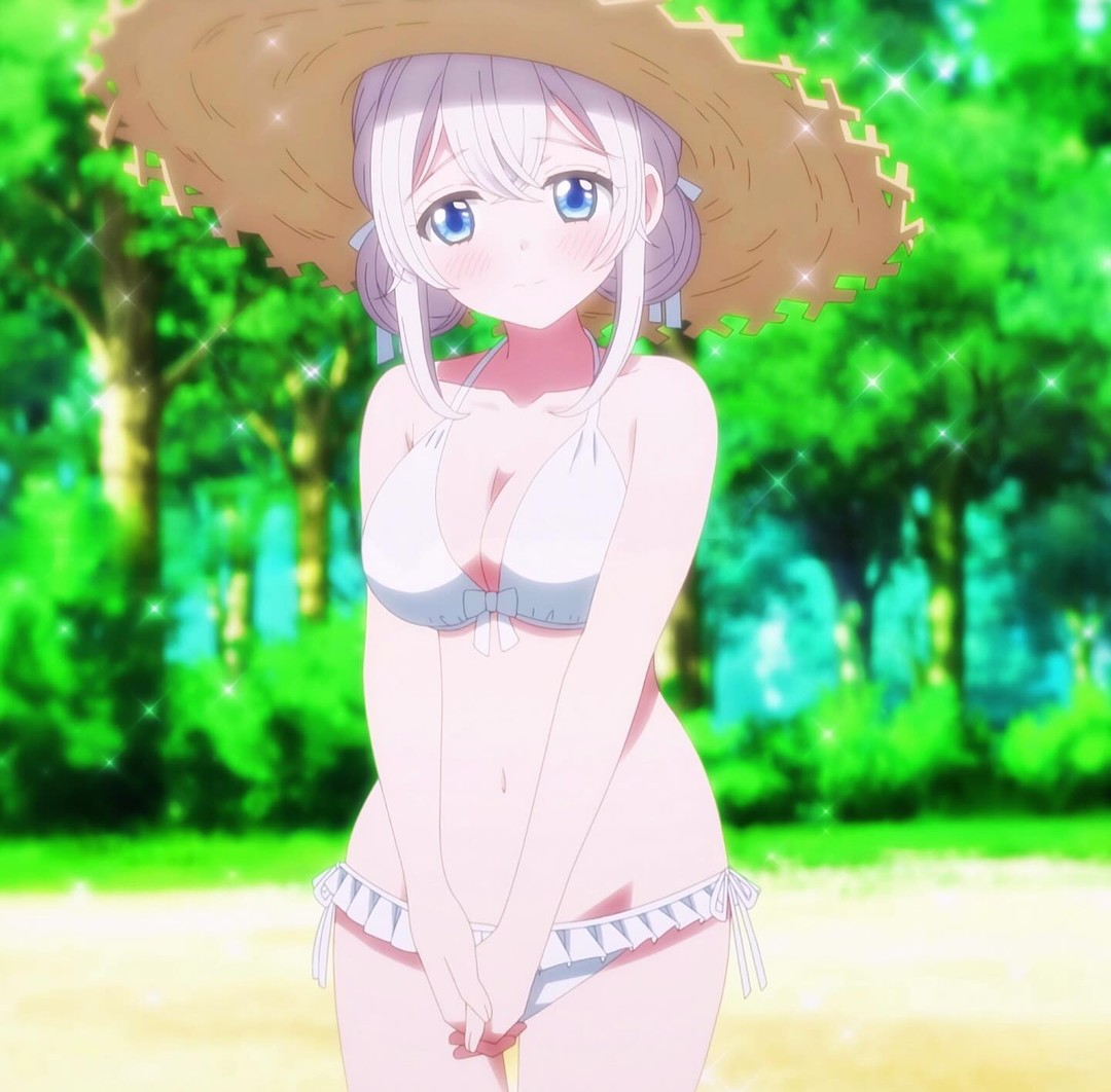 angel angel_girl beach beach_hat bikini bikini_bottom bikini_top blue_eyes blush breasts embarrassed embarrassed_female eyebrows_visible_through_hair hat one_room_hiatari_futsuu_tenshi-tsuki towa_(one_room_hiatari_futsuu_tenshi-tsuki) voluptuous voluptuous_female white_bikini white_bikini_bottom white_bikini_top white_hair