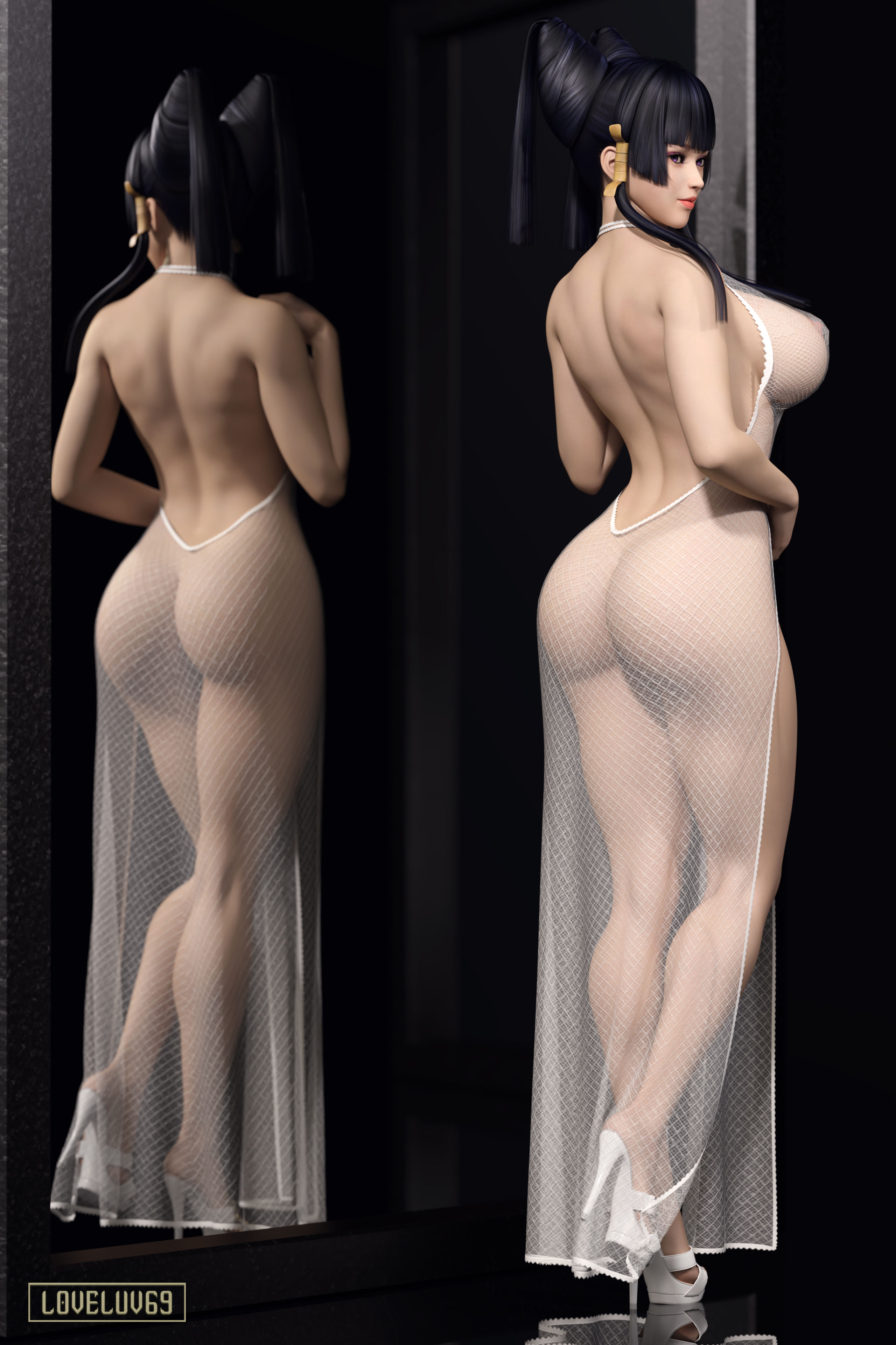 3d, black hair, breasts, busty, dead or alive, female, female focus, female only, high heels, hourglass figure, long hair, loveluv69, nyotengu, pinup, pinup pose, see-through, tagme, wide hips
