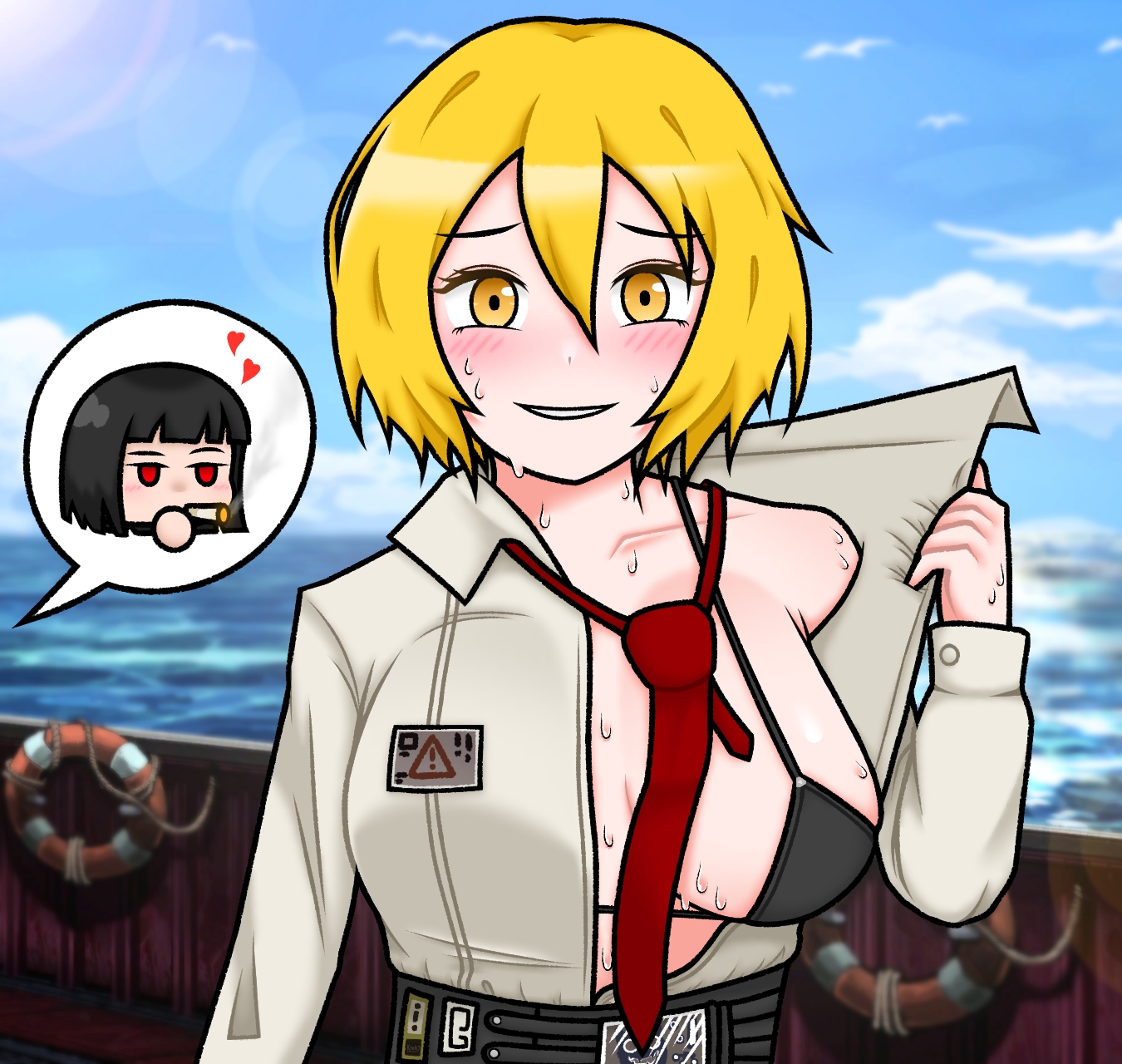 2girls, big breasts, bra, breasts, don quixote (limbus company), female, kreky, limbus company, one breast out, open clothes, project moon, ryoshu (limbus company), sweatdrop, sweating
