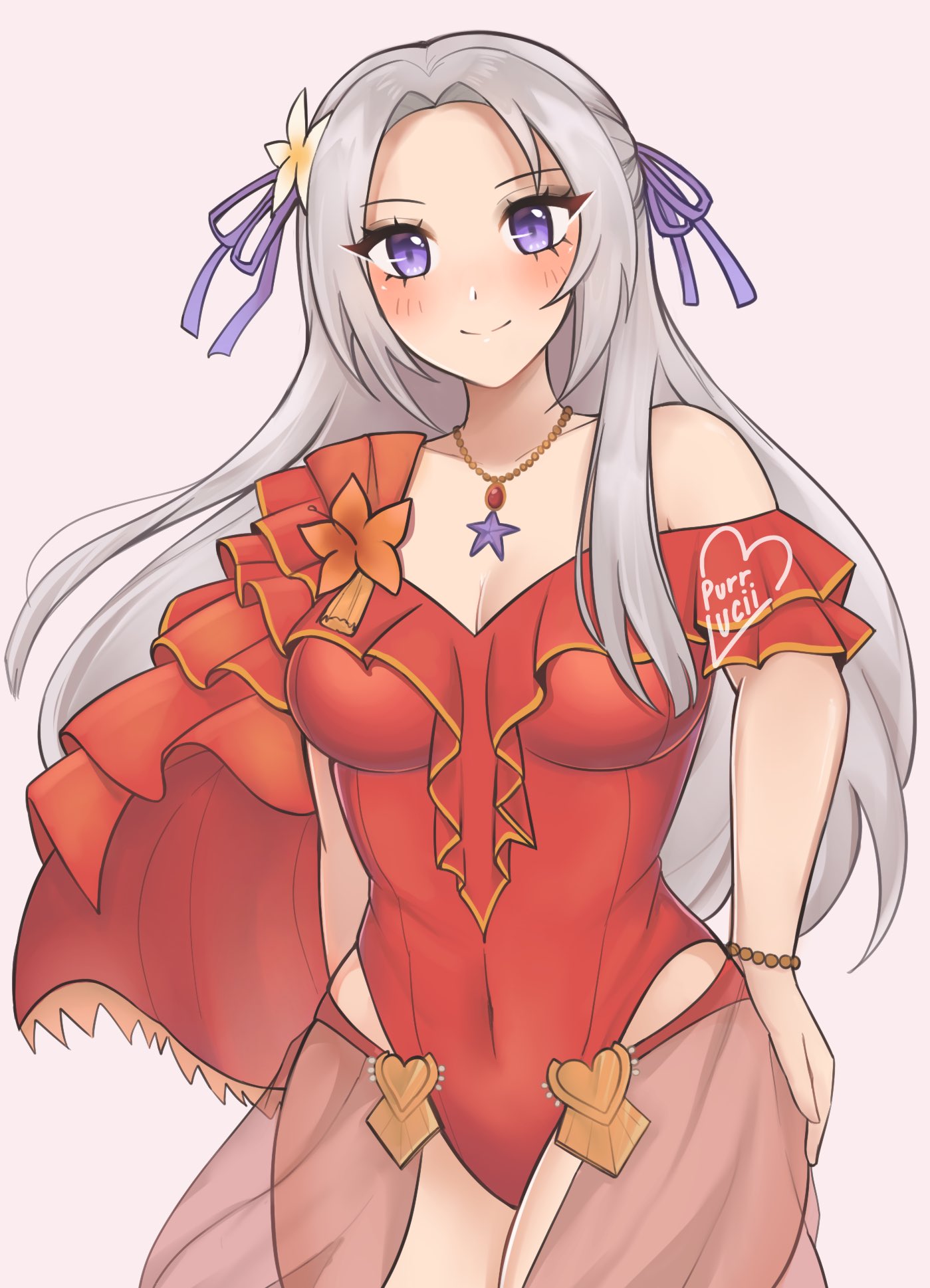 1girls breasts cleavage covered_navel cowboy_shot edelgard_von_hresvelg edelgard_von_hresvelg_(summer) female female_only fire_emblem fire_emblem:_three_houses fire_emblem_heroes grey_hair highres jewelry long_hair looking_at_viewer necklace nintendo official_alternate_costume one-piece_swimsuit purple_eyes purrlucii red_one-piece_swimsuit simple_background single_bare_shoulder smile solo standing swimsuit very_long_hair