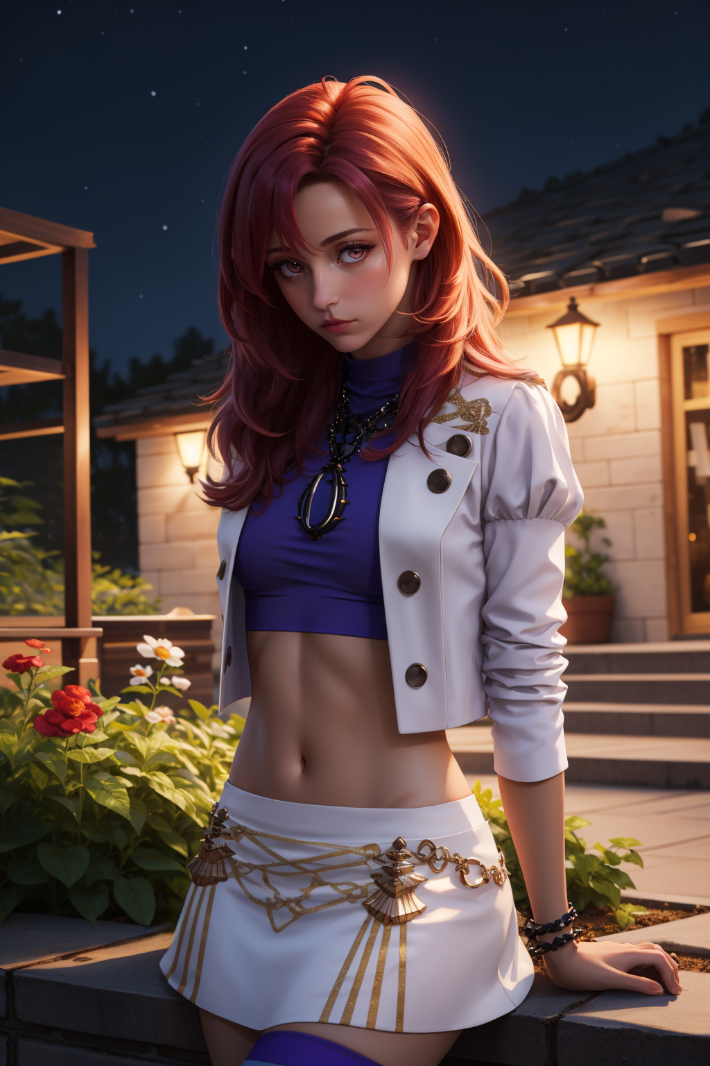 1girls ai_generated blue_thighhighs crop_top cropped_jacket dark-skinned dark-skinned_female dark_skin female fire_emblem fire_emblem:_three_houses flowers_in_background hapi_(fire_emblem) looking_at_viewer midriff navel night nighttime outdoors red_eyes red_hair skirt sky solo solo_female white_skirt