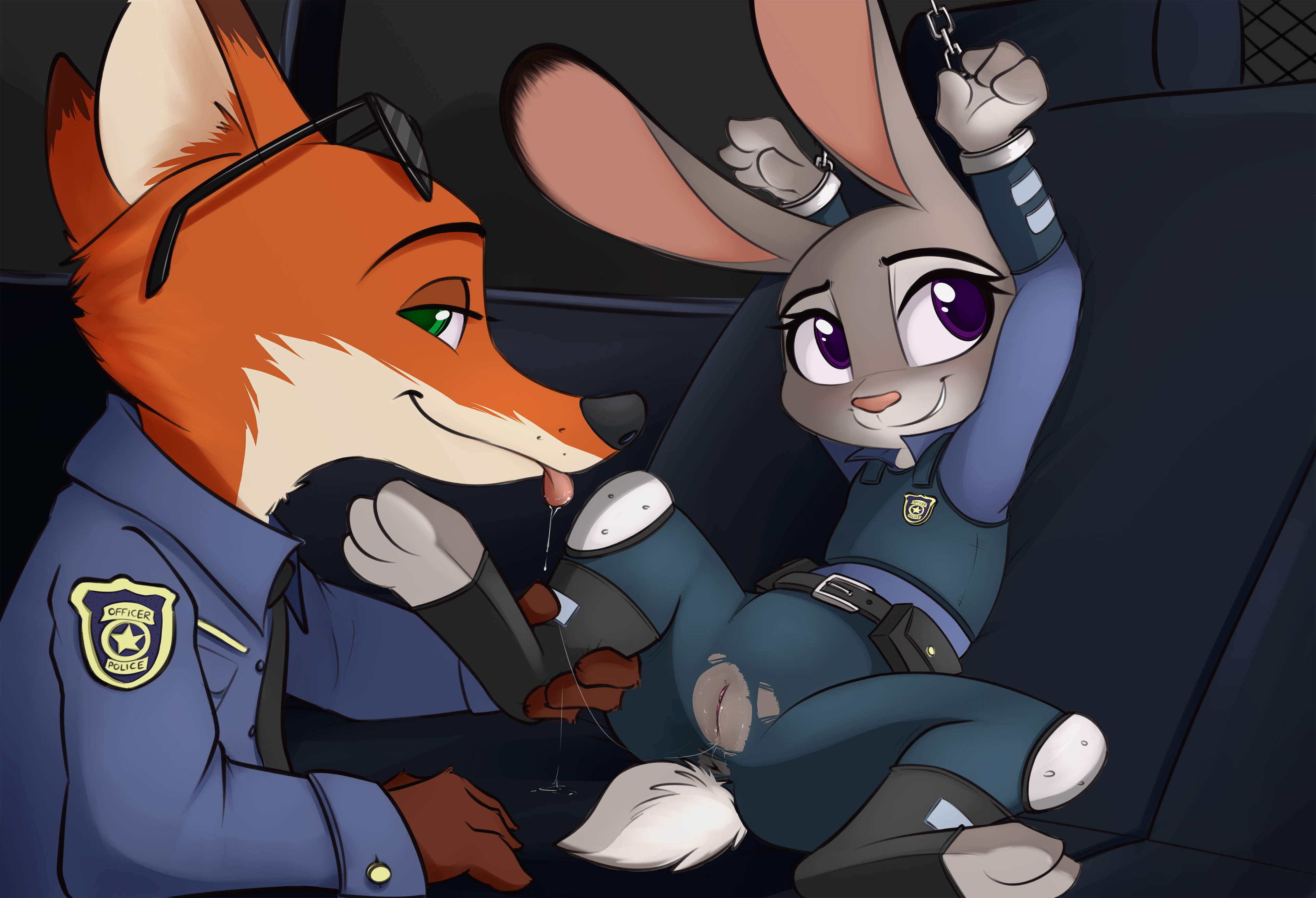 anthro, anus, ass, bondage, bound, canine, clothed, clothed sex, clothes, crotchless, cuff (restraint), cunnilingus, disney, drooling, english text, eyewear, female, femsub, fox, fur, glasses, grey fur, handcuffs, hi res, judy hopps, lagomorph, long ears, looking at viewer, looking away, looking up, male, maledom, mammal, necktie, nick wilde, no panties, oral, orange fur, penetration, police, pussy, rabbit, raised arm, saliva, sex, shackles, size difference, smile, smitty g, spread legs, spreading, stealth sex, straight, text, tongue, tongue out, torn clothes, vaginal penetration, zootopia
