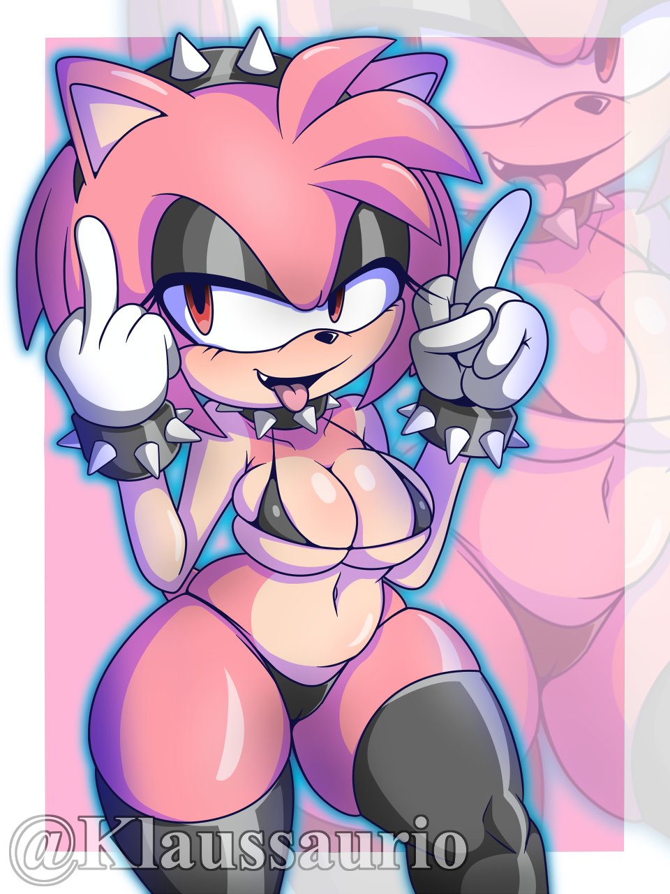 amy rose, big breasts, breasts, emo, eulipotyphlan, female, flipping off, goth girl, klaussaurio, middle finger, sega, sonic (series), sonic the hedgehog (series), thick thighs