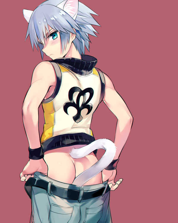 1boy animal_ears ass blue_eyes blush butt_crack esto_(20motoko) kingdom_hearts looking_at_viewer male_only riku silver_hair solo tagme tail undressing