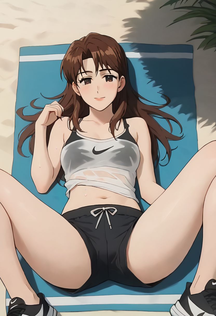 ai_generated black_bra black_shorts clothing laying_down laying_on_back laying_on_towel legs_apart legs_spread legs_up looking_at_viewer nike_logo reina_akikawa seductive smile towel wangan_midnight wet_clothing wet_shirt white_shirt