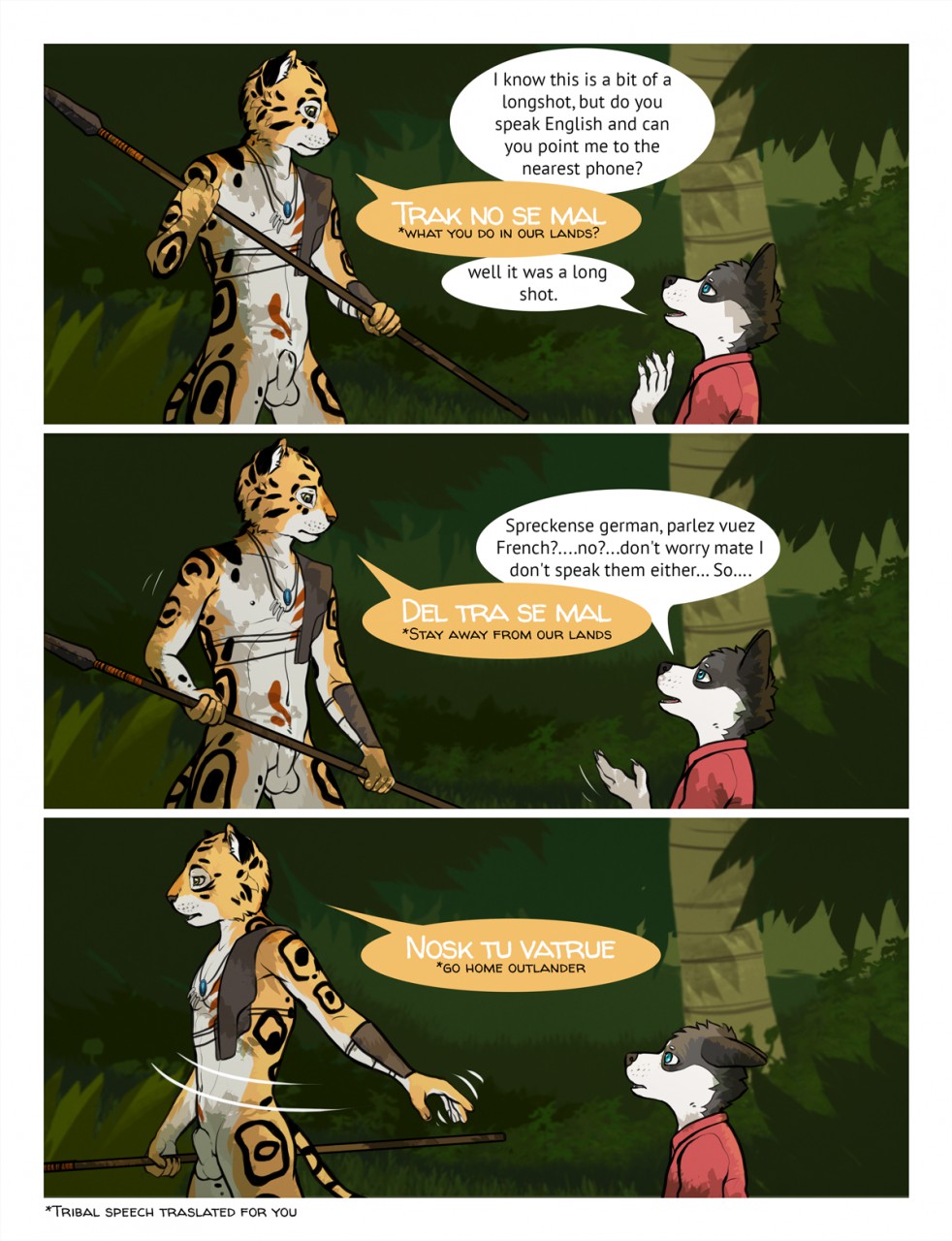 animal_genitalia canine comic duo edesk feline husky jaguar male male_only mammal melee_weapon nude original_characters polearm sheath sisco_(artist) spear weapon