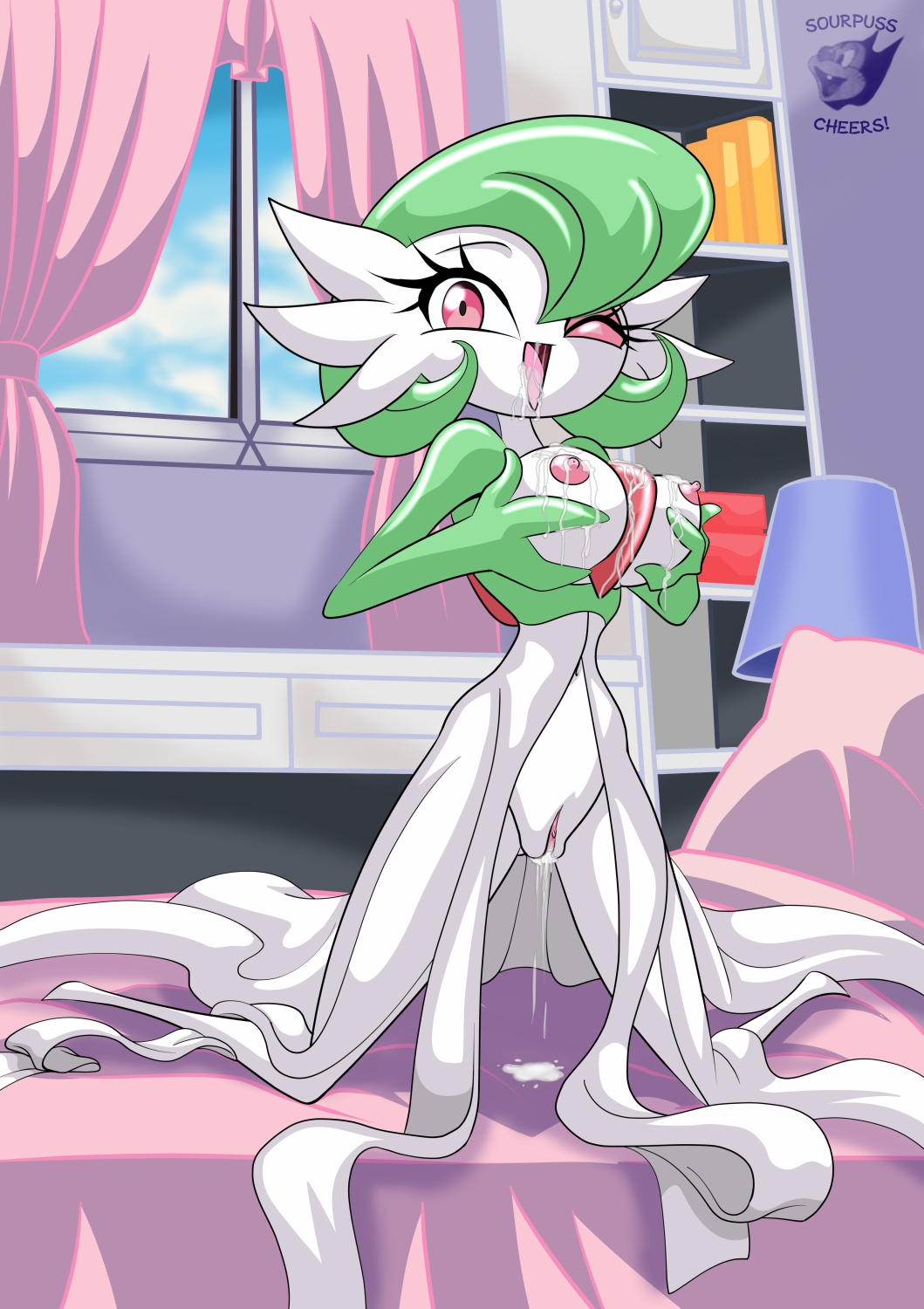 breasts breasts_out clothing cum_in_mouth cum_on_breasts cumming gardevoir nude_female pokemon pokemon_(species) pussy sourpusscheers