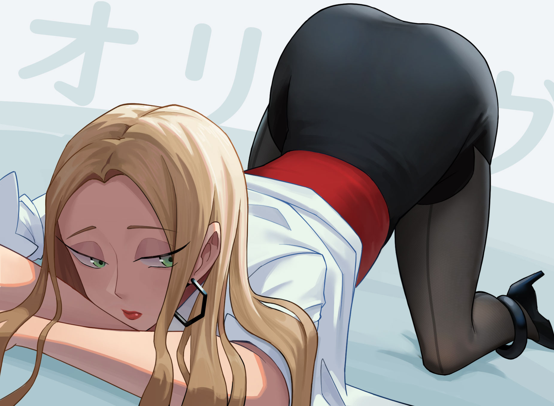 1girls, black footwear, black skirt, blonde hair, character name, coat, commentary, commentary request, creatures (company), earrings, female, game freak, green eyes, high heels, highres, hoop earrings, jewelry, lipstick, long hair, makeup, mby991028, nintendo, office lady, oleana (pokemon), pantyhose, pokemon, pokemon ss, red lips, red shirt, shirt, side slit, sidelocks, sideways glance, skirt, solo, top-down bottom-up, white coat